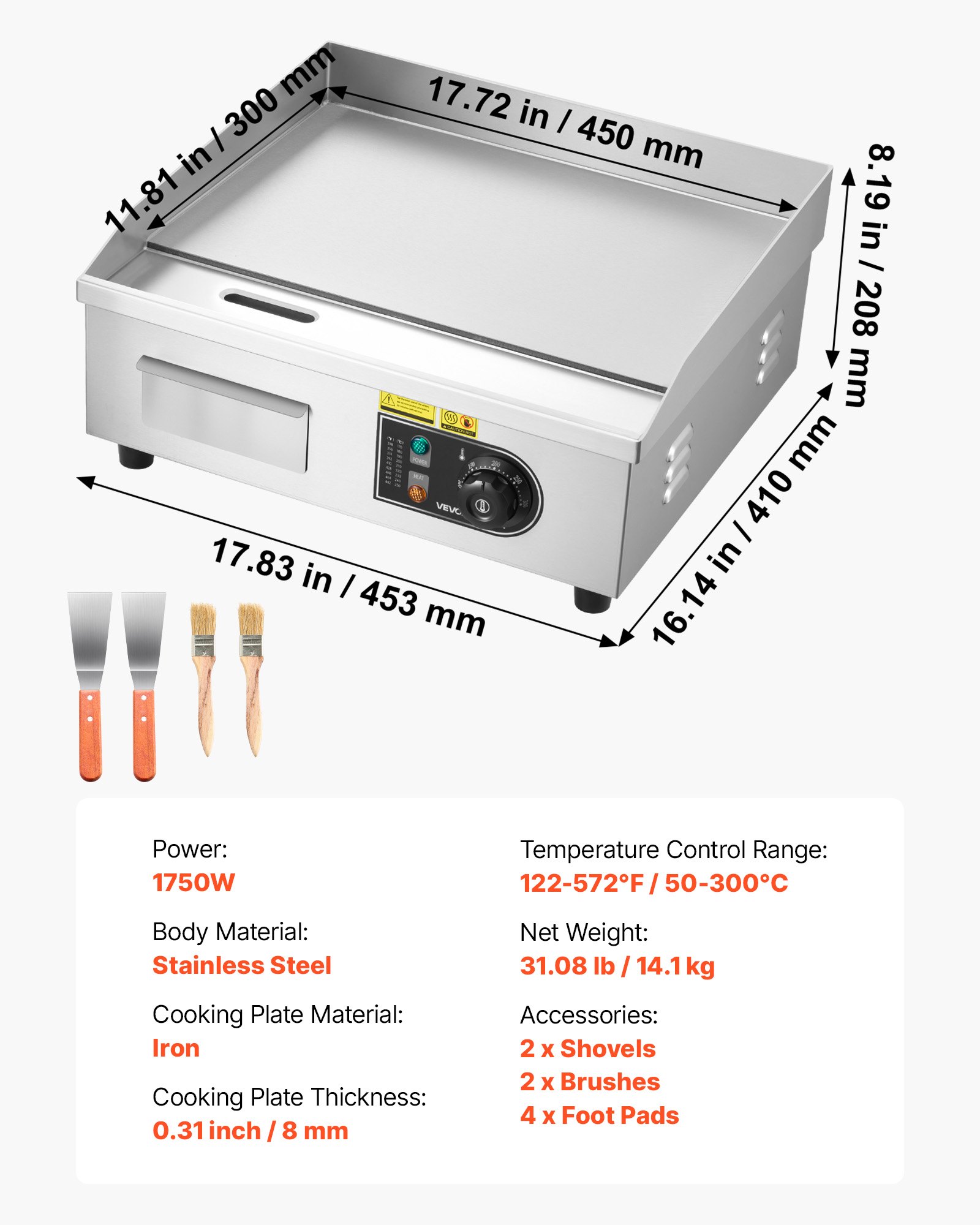 VEVOR Piastra Elettrica per Cottura Commerciale Superficie di Cottura da 450x300 mm Spessore Piastra in Ferro 8 mm, Temperatura Regolabile tra 50°C–300°C per Bistecca Barbecue Piatti da BBQ Grigliate