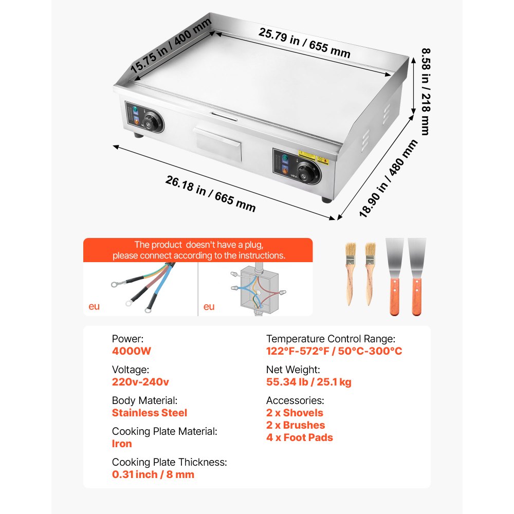 VEVOR Piastra per BBQ Elettrica Commerciale 655 x 400 mm 4000 W, Temperatura Regolabile, Griglia Piatta da Banco per Cottura BBQ Carne, Griglia da Banco con Accessori per Bistecche, Senza Spina