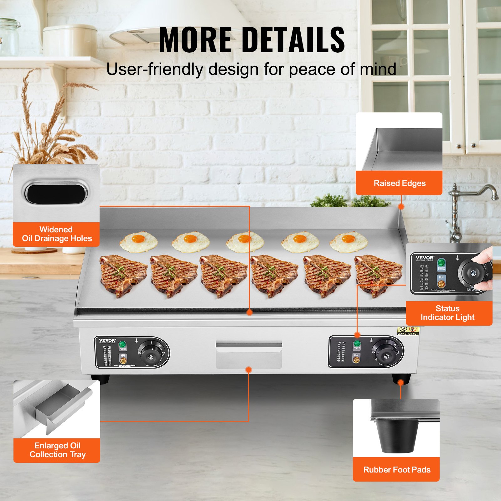 VEVOR Piastra Elettrica Commerciale, Griglia Flat Top da Banco da 4000 W, Temperatura Regolabile 50-300°C, Piastra in Acciaio Inossidabile 66 x 40 x 1 cm con 2 Pale e 2 Spazzole per Casa Ristorante