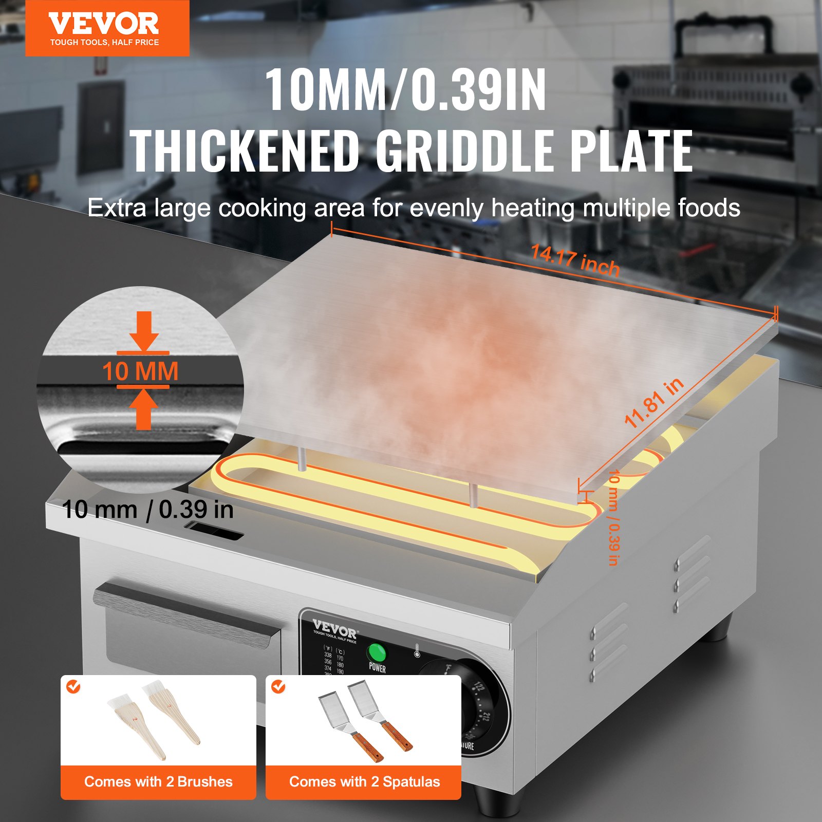 VEVOR Piastra Elettrica Commerciale, Piastra Flat Top da 2000 W, Temperatura Regolabile 50 - 300°C Piastra in Acciaio Inossidabile 36 x 30 x 1 cm con 2 Pale e 2 Spazzole per la Casa o il Ristorante