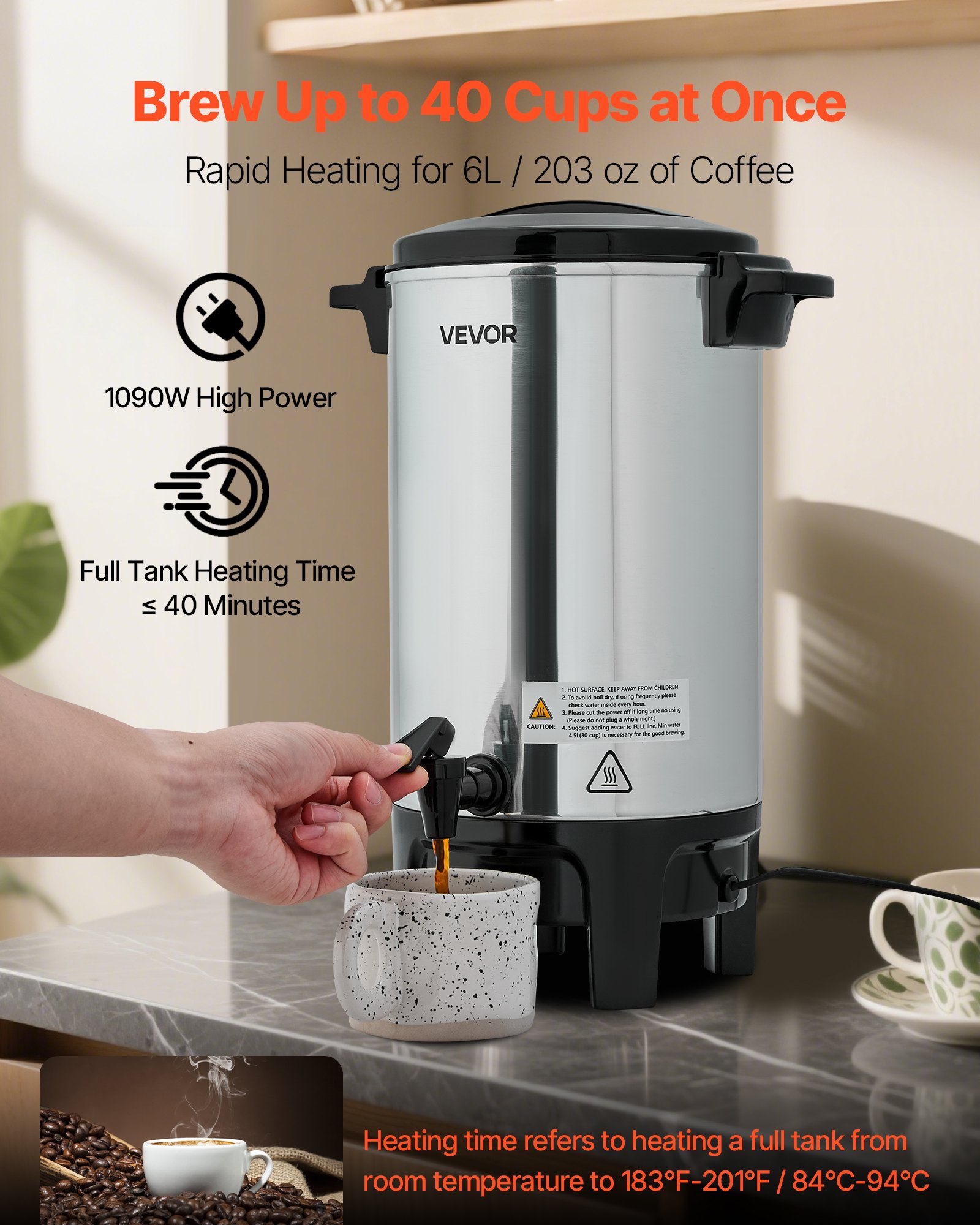 VEVOR Caffettiera Commerciale, Distributore di Bevande Calde da 40 Tazze e 6 L a Preparazione Rapida, Controllo Automatico della Temperatura, con Rubinetto Antigoccia, per Feste, Chiese e Ristoranti