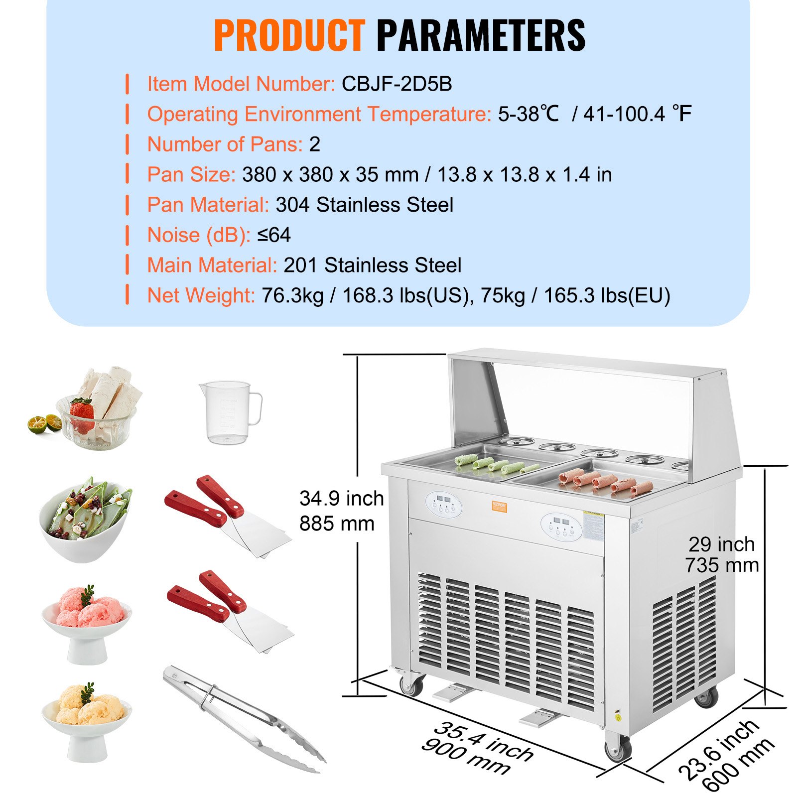 VEVOR Macchina per Gelato Fritto Arrotolato 2 Vaschette 38x38 cm, Piastra per Gelato Arrotolato Commerciale in Acciaio Inox Alimentare, Macchina per Rollare Gelato Compressore 4 Raschiatori