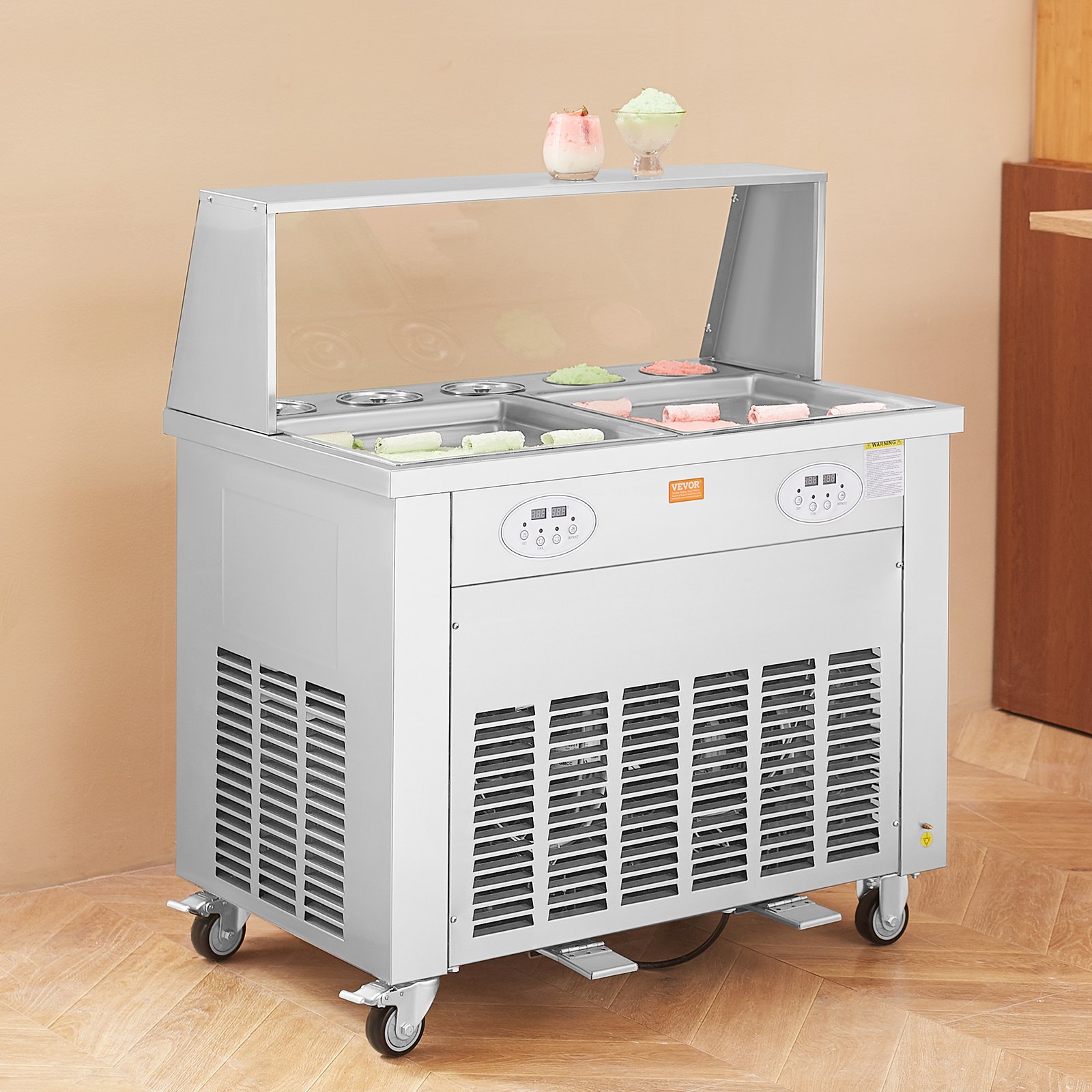 VEVOR Macchina per Gelato Fritto Arrotolato 2 Vaschette 38x38 cm, Piastra per Gelato Arrotolato Commerciale in Acciaio Inox Alimentare, Macchina per Rollare Gelato Compressore 4 Raschiatori