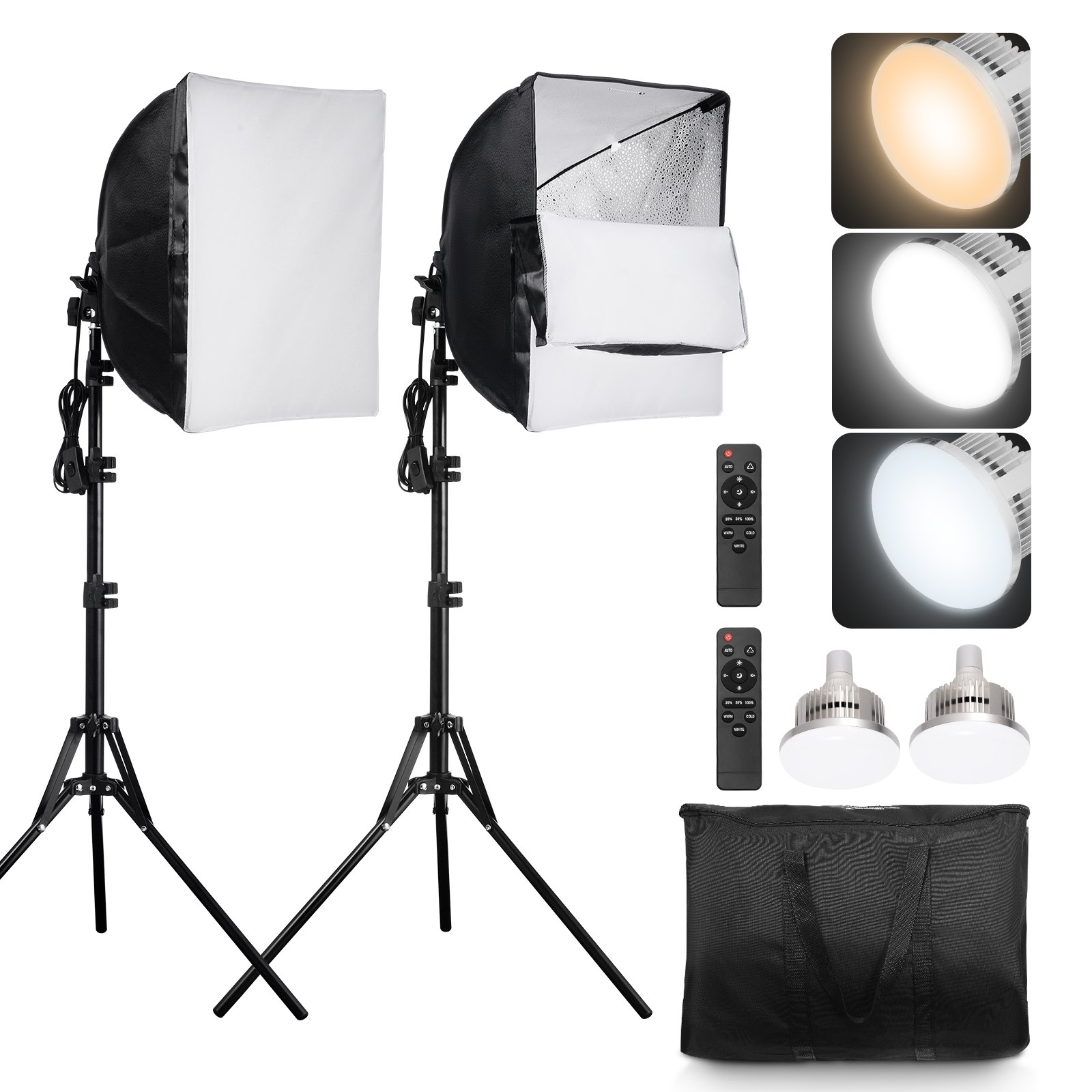 VEVOR Kit di Illuminazione Softbox, Softbox Professionale 400 x 400 mm con Lampadine LED 45 W, Temperatura Colore Regolabile 3000-6500 K, Treppiede, Luci per Fotografia Registrazione Streaming Live