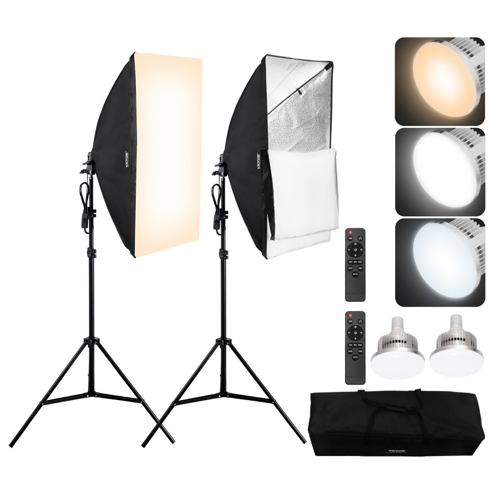 VEVOR Kit di Illuminazione Softbox, Softbox Professionale con Lampadine LED 45 W 3000-6500 K, Luce Naturale, Treppiede Regolabile, Luci per Fotografia, Registrazione Video, Streaming Live 500 x 700 mm