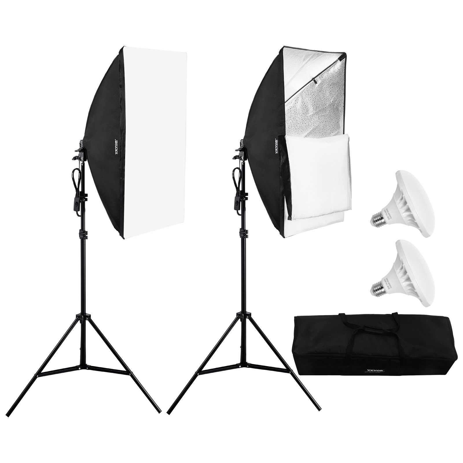 VEVOR Kit di Illuminazione Softbox, Softbox Professionale con Lampadine LED da 30 W 5500 K, Luce Naturale, Treppiede Regolabile, Luci per Fotografia, Registrazione Video, Streaming Live 500 x 700 mm