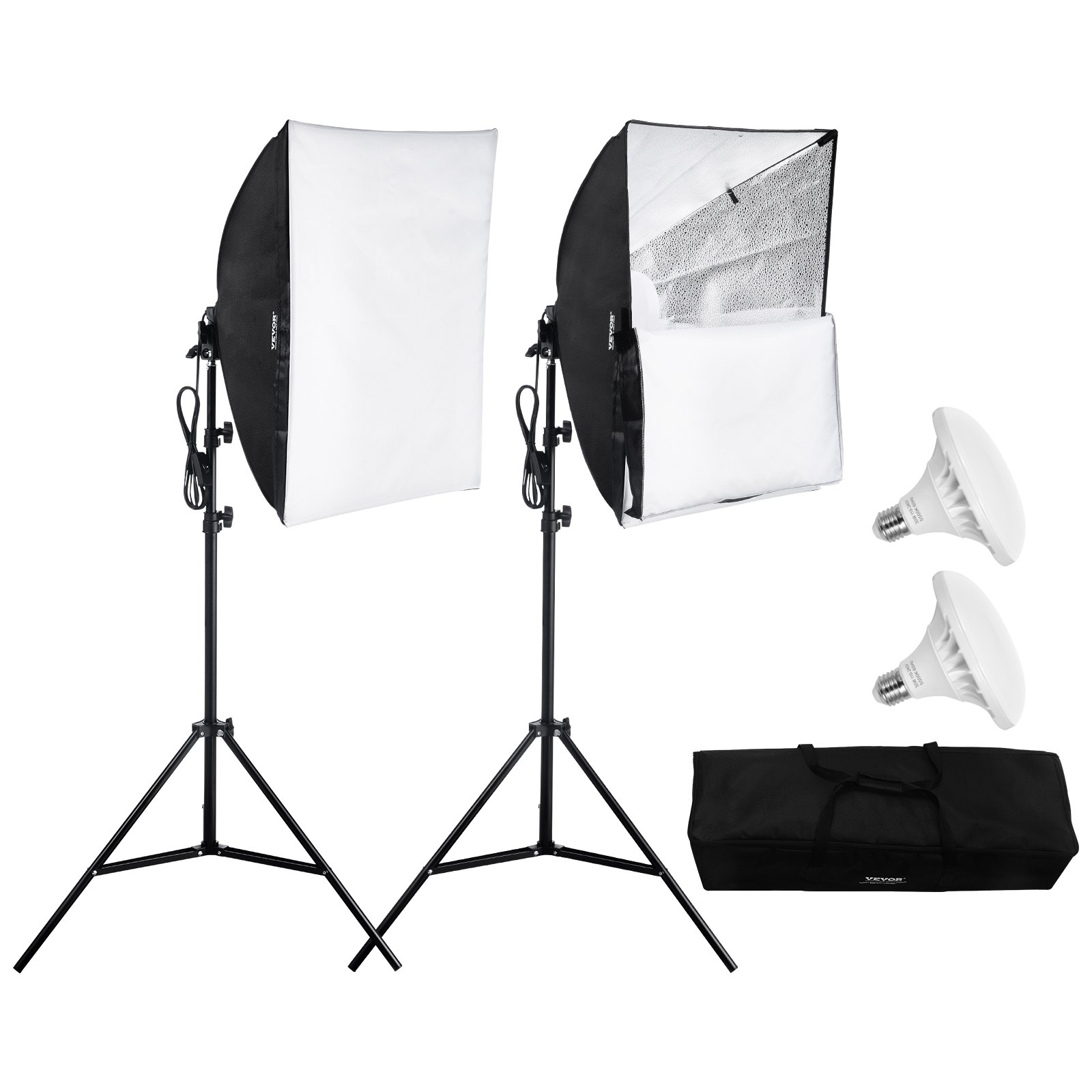 VEVOR Kit di Illuminazione Softbox, Softbox Professionale con Lampadine LED 30 W, Temperatura Colore Regolabile 5500 K, Treppiede, Luci per Fotografia Registrazione Streaming Live 600 x 600 mm