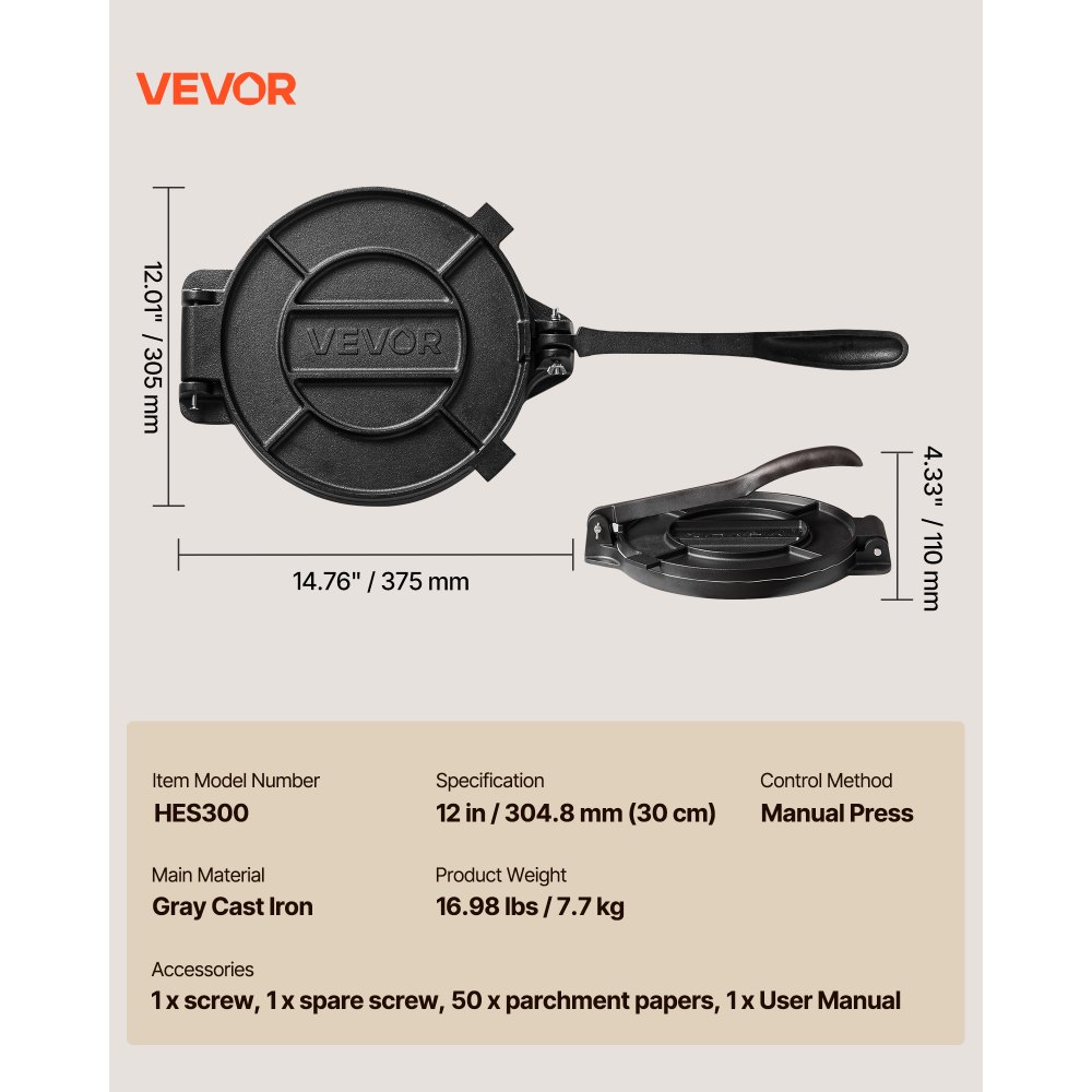 VEVOR Pressa per Tortilla in Ghisa Piatto Diametro 30 cm Cucina Ristorante Preparazione di Impasto Piatto, Pressione Manuale, da Panetteria, Fatta a Casa Quesadillas, con 50 pezzi di Foglio da Forno