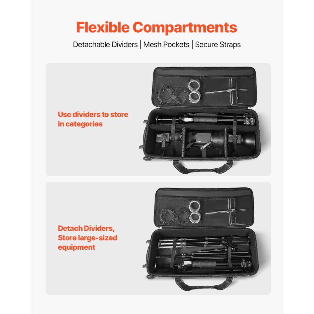 VEVOR Trolley per Attrezzatura da Studio 91 x 30 x 35,5 cm Borsa per Fotocamera con Rotelle, Borsa per Trasporto con Ruote Cinghie Scomparto Imbottito Maniglia, Supporti per Luci, Treppiedi, Telescopi