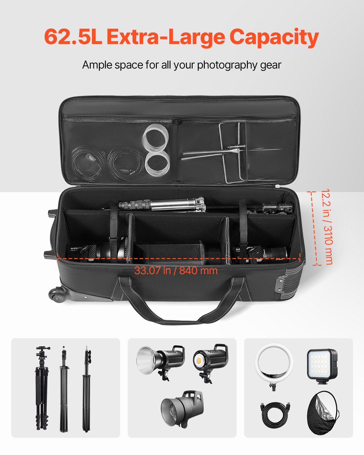 VEVOR Trolley per Attrezzatura da Studio 91 x 30 x 35,5 cm Borsa per Fotocamera con Rotelle, Borsa per Trasporto con Ruote Cinghie Scomparto Imbottito Maniglia, Supporti per Luci, Treppiedi, Telescopi