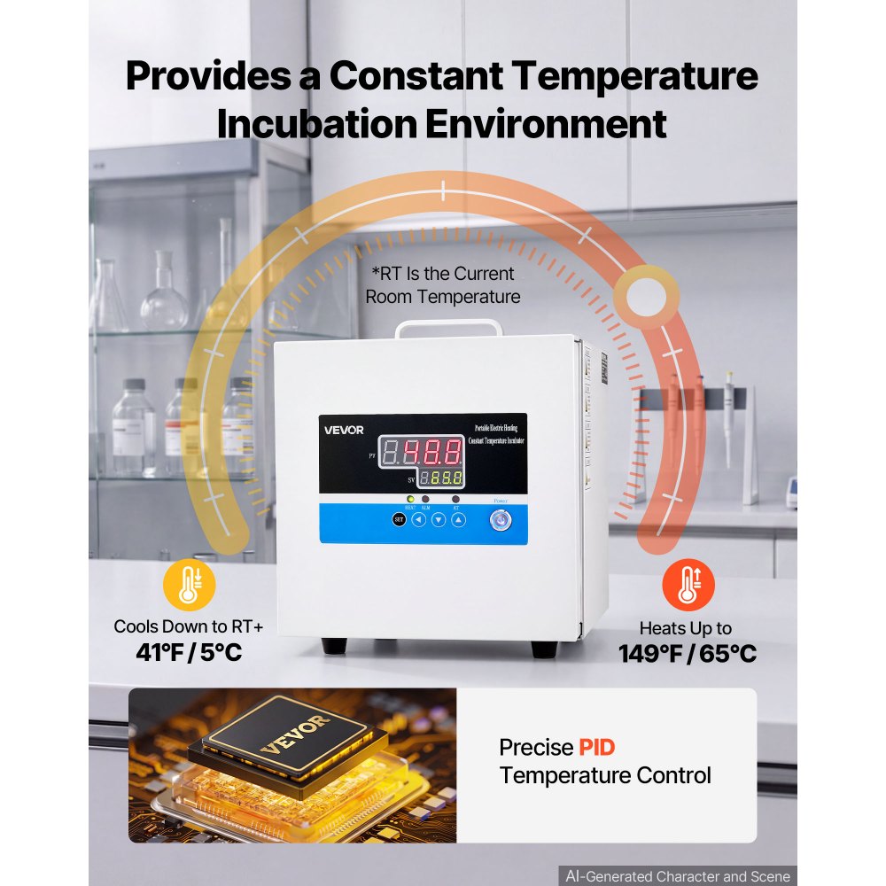 VEVOR Incubatrice da Laboratorio 6 L Microbiologica con Pannello Digitale, Controllo Preciso PID Intervallo Temperatura Ambiente +5℃-65℃ , per Piastre Petri, Compatta e Portatile, Temperatura Costante