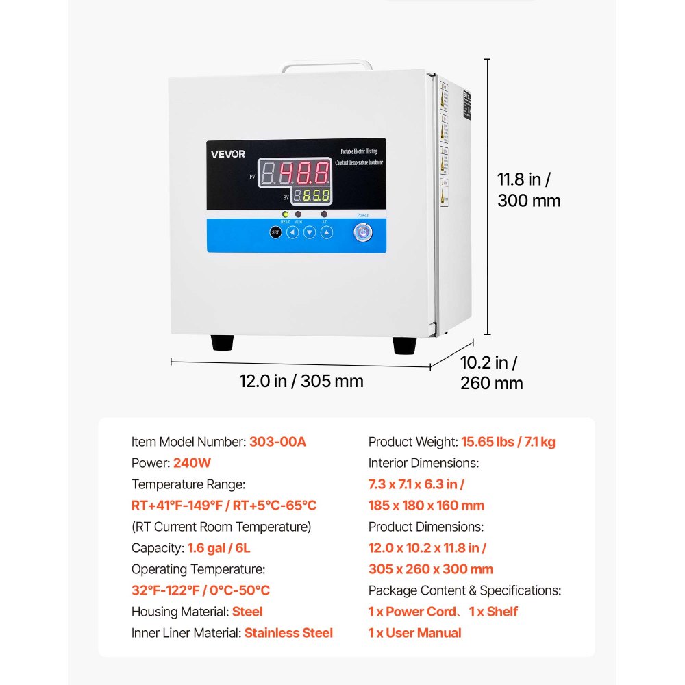 VEVOR Incubatrice da Laboratorio 6 L Microbiologica con Pannello Digitale, Controllo Preciso PID Intervallo Temperatura Ambiente +5℃-65℃ , per Piastre Petri, Compatta e Portatile, Temperatura Costante
