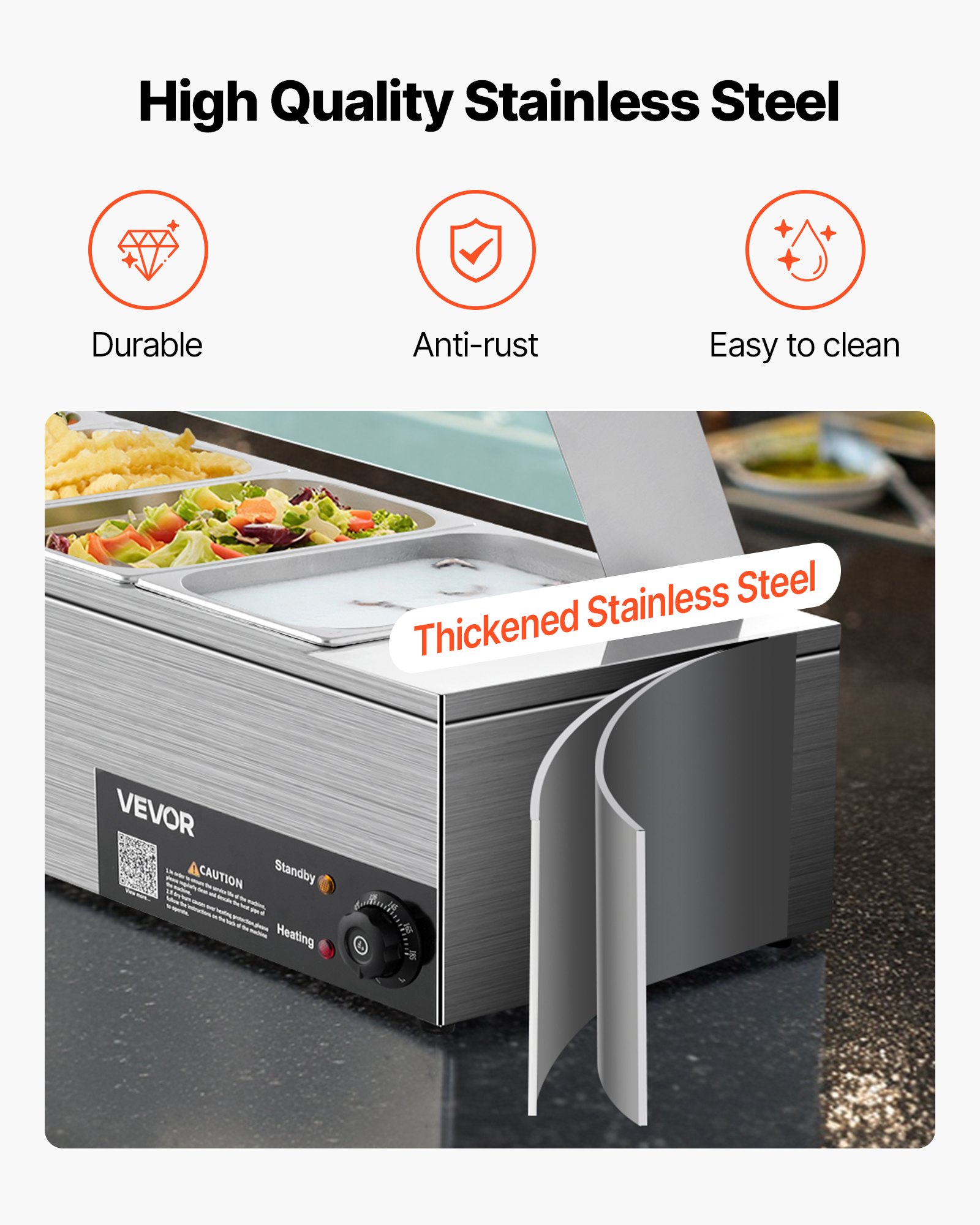 VEVOR Scaldavivande Commerciale, Scaldavivande Elettrico in Acciaio Inox da 1500 W con Coperchio in Vetro, Bagnomaria da Banco a 6 Teglie da 1/3, con Zuppa e Mestoli Forati, per Ristoranti