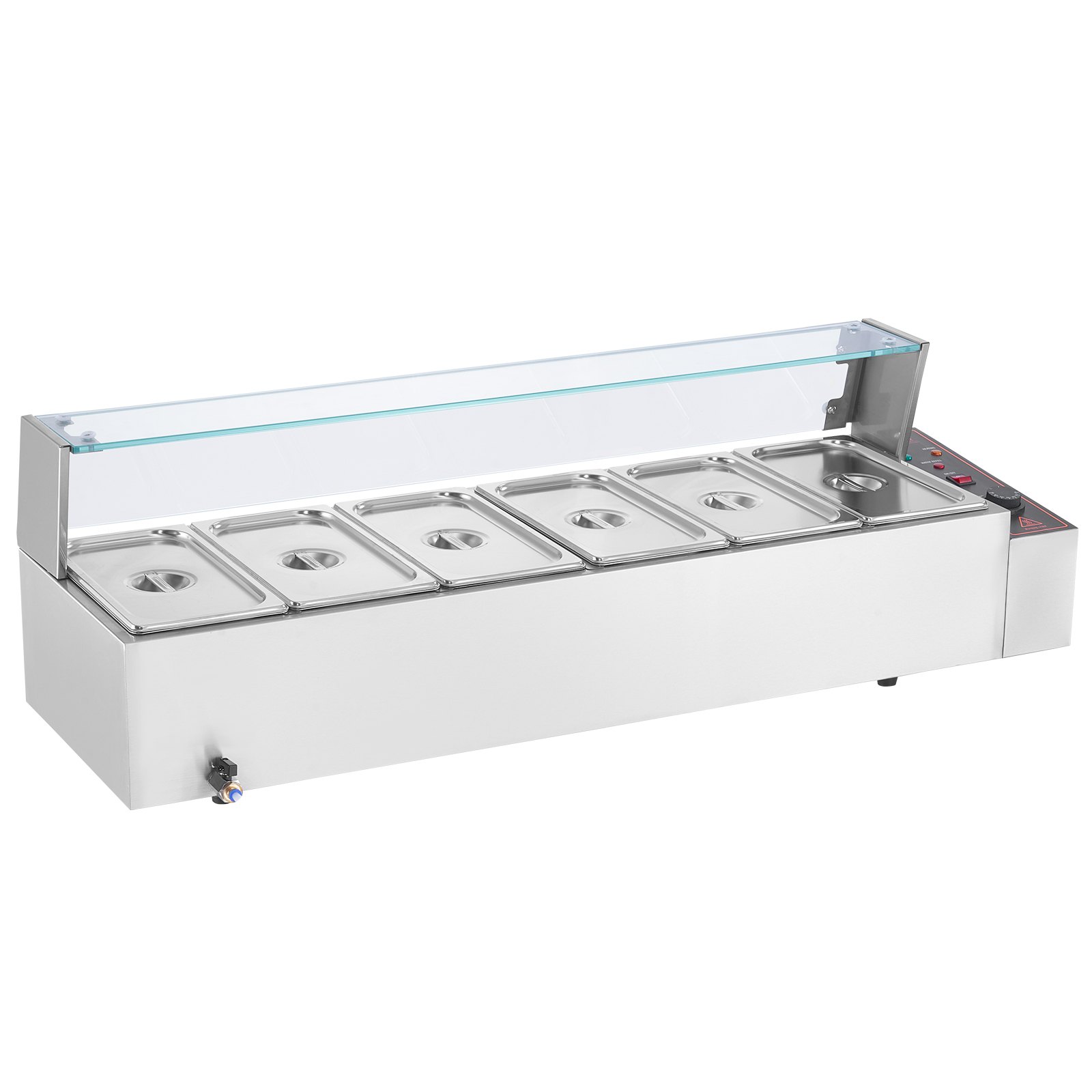 VEVOR Scaldavivande Commerciale con 6 Recipienti (5,5 L / 1/3 Dimensioni Ciascuno) Tavolo a Vapore Elettrico con Copertura in Vetro 1500 W Scaldavivande da Tavolo, Controllo della Temperatura 30-85 °C