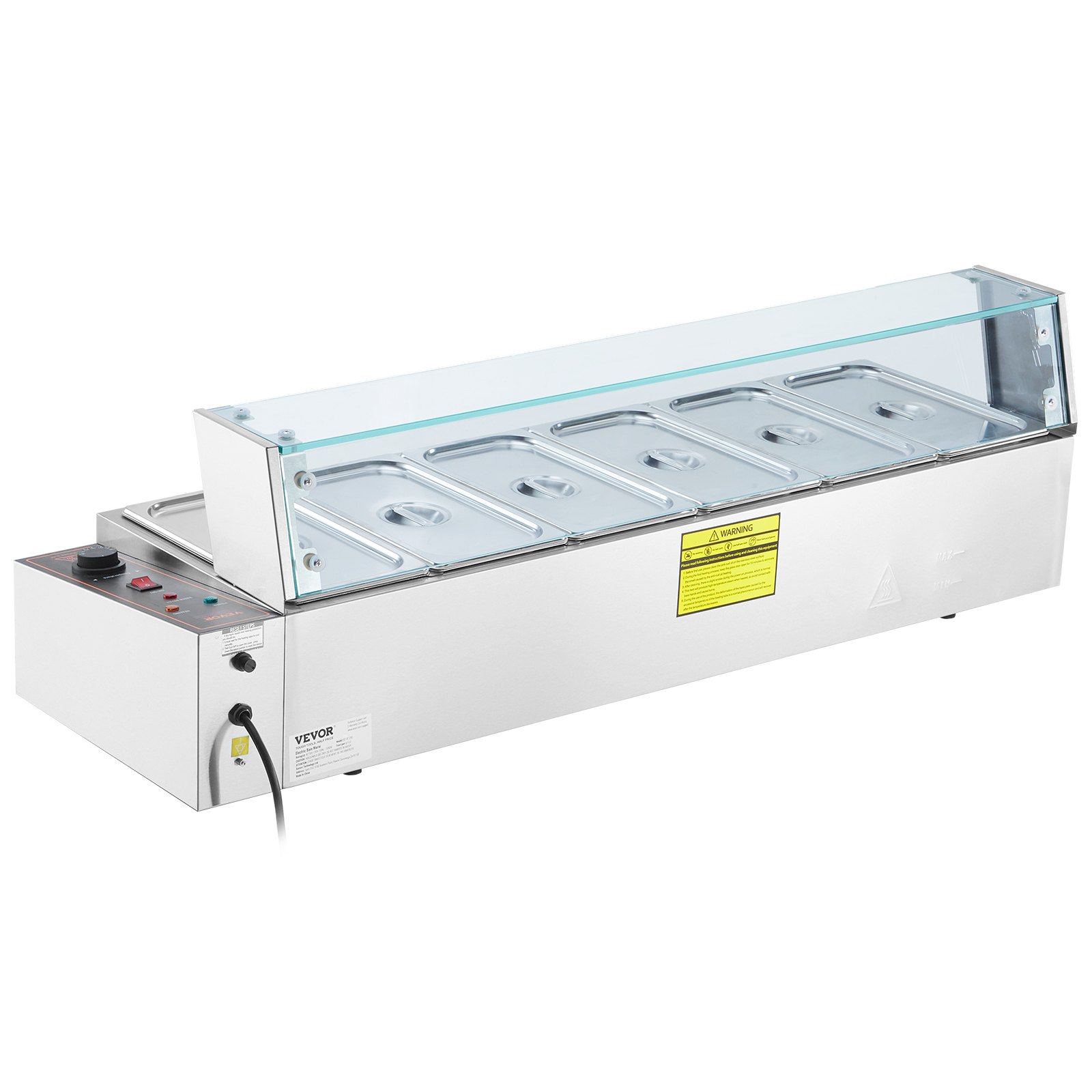 VEVOR Scaldavivande Commerciale con 6 Recipienti (5,5 L / 1/3 Dimensioni Ciascuno) Tavolo a Vapore Elettrico con Copertura in Vetro 1500 W Scaldavivande da Tavolo, Controllo della Temperatura 30-85 °C