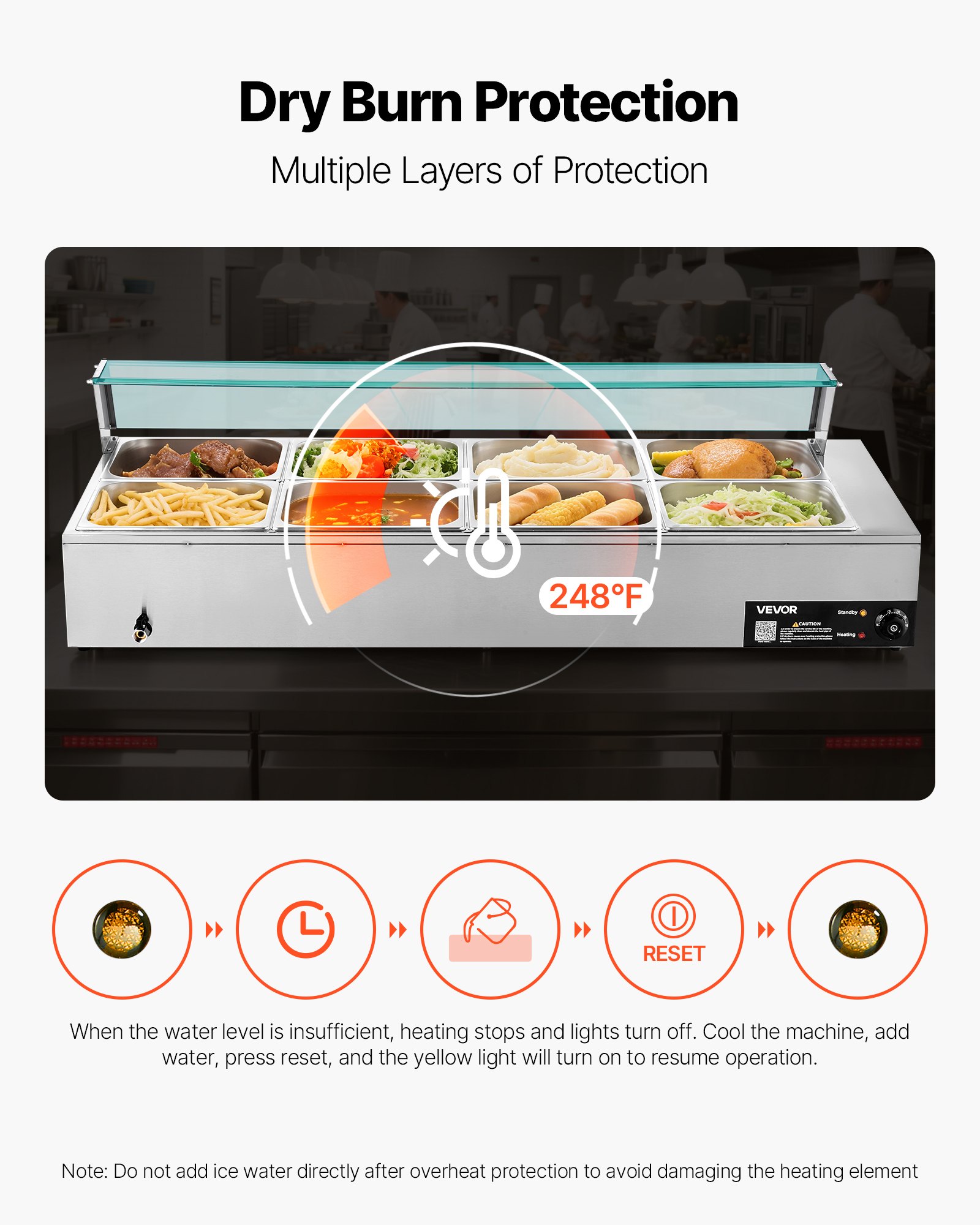 VEVOR Scaldavivande Commerciale, Scaldavivande Elettrico in Acciaio Inox da 1700 W con Coperchio in Vetro, Bagnomaria da Banco a 8 Teglie, con Mestoli per Zuppa e Forati, per Ristoranti