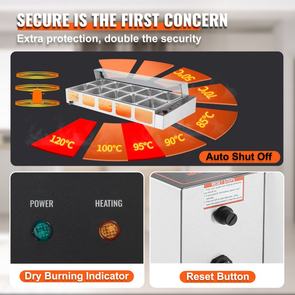 VEVOR Scaldavivande Commerciale con 8 Recipienti (8,8 L / 1/2 Dimensioni Ciascuno) Tavolo a Vapore Elettrico con Copertura in Vetro 1700 W Scaldavivande da Tavolo, Controllo della Temperatura 30-85 °C