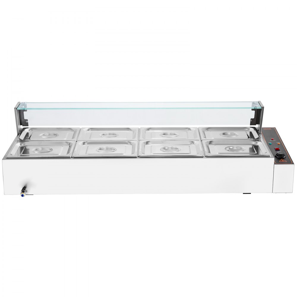 VEVOR commercial food warmer with 8 containers (each 8 Qt / 1/2 size), electric steam table with glass cover, 1700 W stainless steel worktop, buffet bain-marie, 30-85 °C temperature control