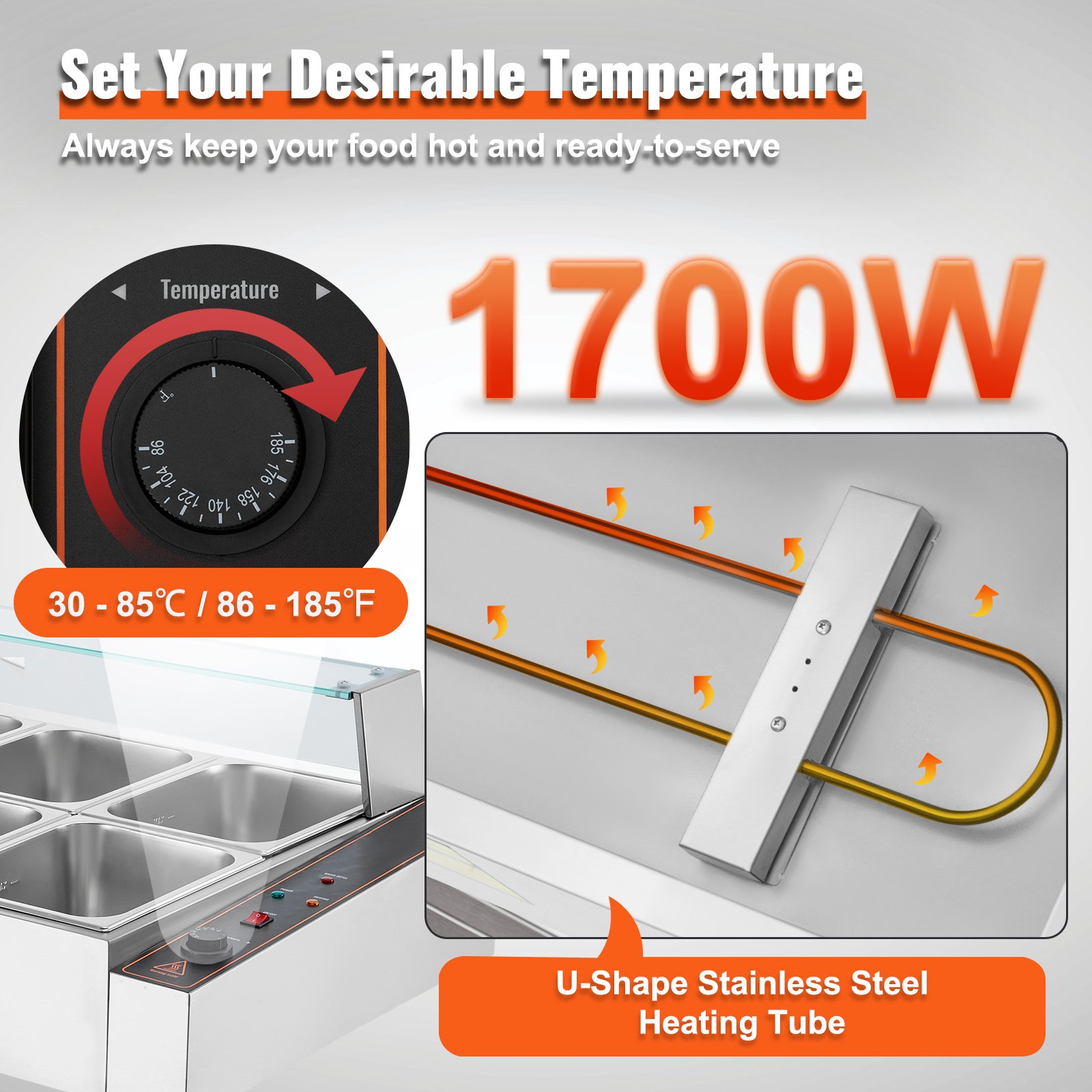 VEVOR Scaldavivande Commerciale con 8 Recipienti (8,8 L / 1/2 Dimensioni Ciascuno) Tavolo a Vapore Elettrico con Copertura in Vetro 1700 W Scaldavivande da Tavolo, Controllo della Temperatura 30-85 °C