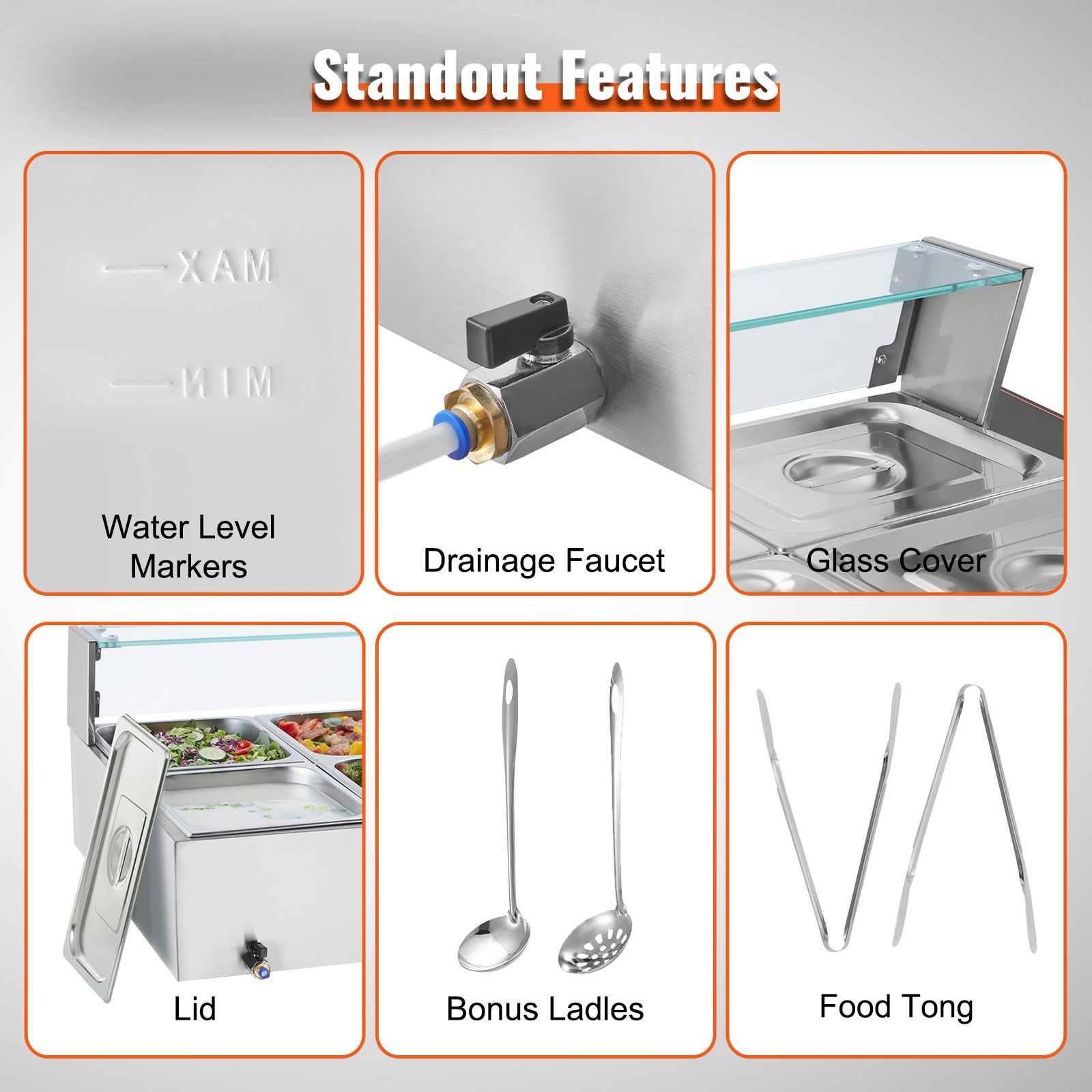 VEVOR commercial food warmer with 8 containers (each 8 Qt / 1/2 size), electric steam table with glass cover, 1700 W stainless steel worktop, buffet bain-marie, 30-85 °C temperature control