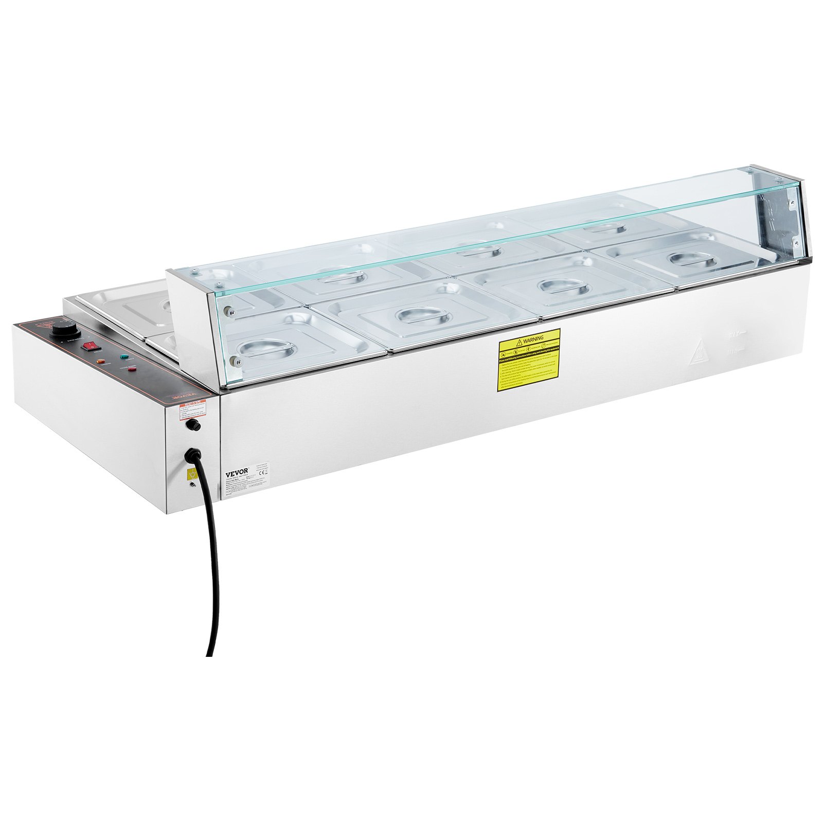 VEVOR commercial food warmer with 8 containers (each 8 Qt / 1/2 size), electric steam table with glass cover, 1700 W stainless steel worktop, buffet bain-marie, 30-85 °C temperature control
