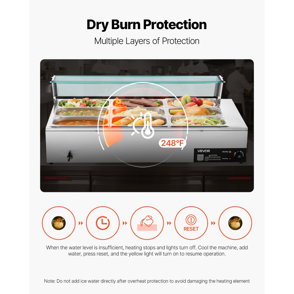 VEVOR Scaldavivande Commerciale, Scaldavivande Elettrico in Acciaio Inox da 1500 W con Coperchio in Vetro, Bagnomaria da Banco a 9 Teglie, con Mestoli per Zuppa e Forati, per Ristoranti