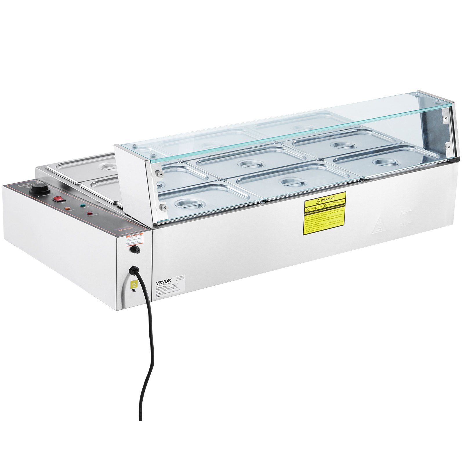 VEVOR Scaldavivande Commerciale, Scaldavivande Elettrico in Acciaio Inox da 1500 W con Coperchio in Vetro, Bagnomaria da Banco a 9 Teglie, con Mestoli per Zuppa e Forati, per Ristoranti