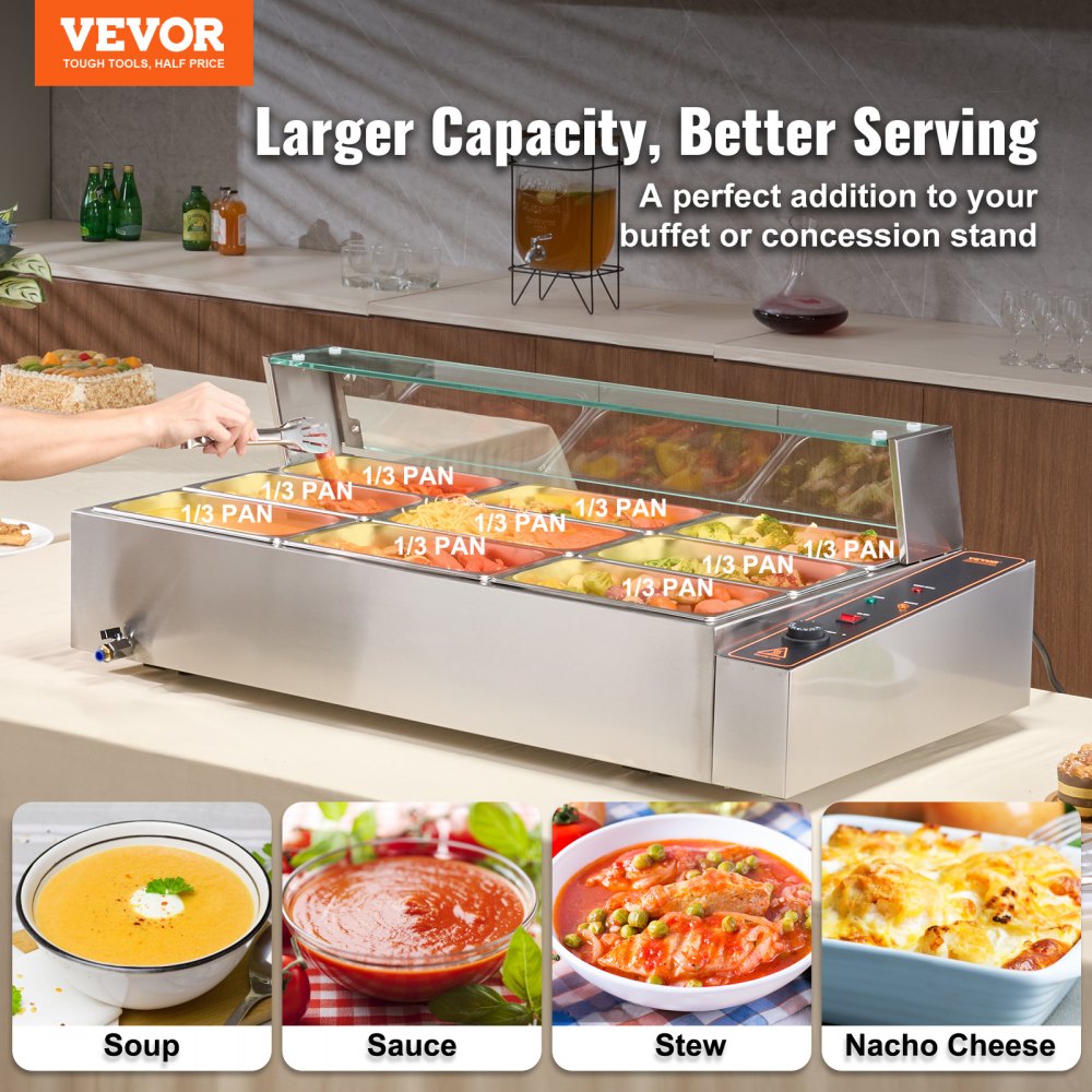 VEVOR commercial food warmer with 9 containers (5 Qt / 1/3 size each), electric steam table with glass cover, 1500 W stainless steel worktop, buffet bain-marie, 30-85 °C temperature control