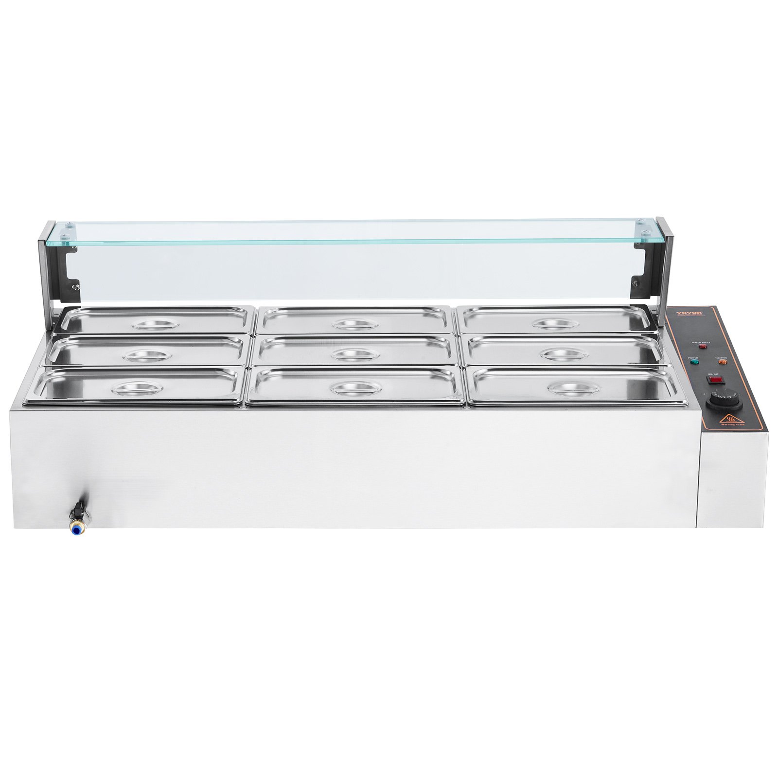 VEVOR commercial food warmer with 9 containers (5 Qt / 1/3 size each), electric steam table with glass cover, 1500 W stainless steel worktop, buffet bain-marie, 30-85 °C temperature control
