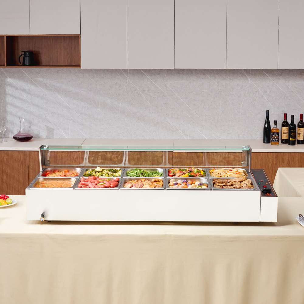 VEVOR Scaldavivande Commerciale a 10 Vaschette, Tavolo Elettrico a Vapore 10 x 7,57 L, Coperchio in Vetro, Bagnomaria Buffet in Acciaio Inox 1700 W, Controllo Temperatura 30-85°C Ristoranti, Argento