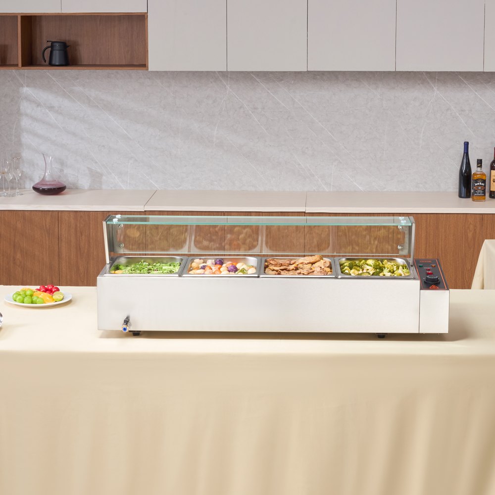 VEVOR Scaldavivande Commerciale a 4 Vaschette, Tavolo Elettrico a Vapore 4 x 7,57 L , Coperchio in Vetro, Bagnomaria Buffet in Acciaio Inox 1500 W, Controllo Temperatura 30-85°C per Catering, Argento