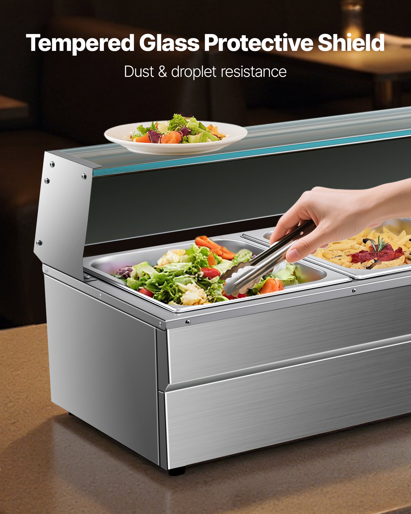 VEVOR Scaldavivande Commerciale da Banco Scaldavivande Elettrico 1500 W a Vapore con 5 Contenitori in Acciaio Inox Temperatura Regolabile tra 30 e 80 °C per Catering, Buffet Feste