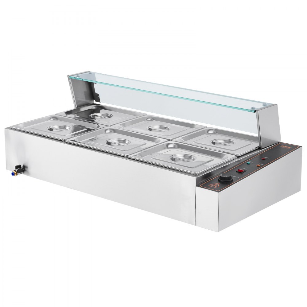 VEVOR Scaldavivande Commerciale a 6 Vaschette, Tavolo Elettrico a Vapore 6 x 7,57 L con Coperchio in Vetro, Bagnomaria Buffet in Acciaio Inox 1500 W, Controllo Temperatura 30-85°C Ristoranti, Argento