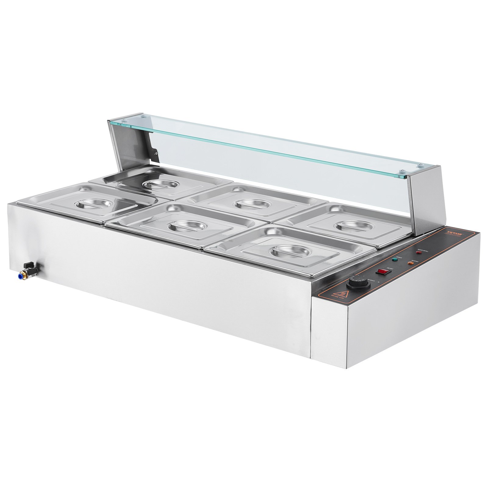 VEVOR Scaldavivande Commerciale a 6 Vaschette, Tavolo Elettrico a Vapore 6 x 7,57 L con Coperchio in Vetro, Bagnomaria Buffet in Acciaio Inox 1500 W, Controllo Temperatura 30-85°C Ristoranti, Argento