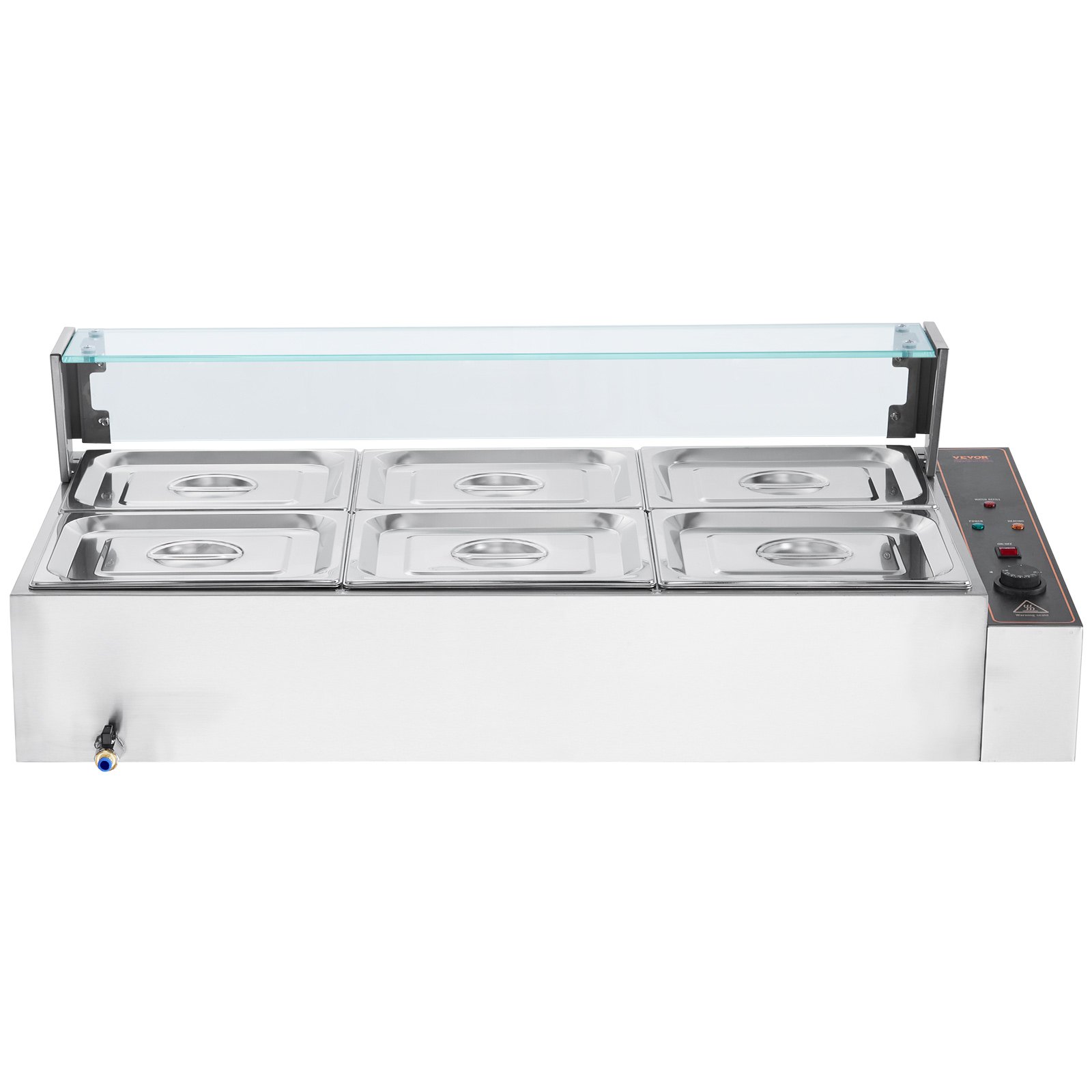 VEVOR Scaldavivande Commerciale a 6 Vaschette, Tavolo Elettrico a Vapore 6 x 7,57 L con Coperchio in Vetro, Bagnomaria Buffet in Acciaio Inox 1500 W, Controllo Temperatura 30-85°C Ristoranti, Argento