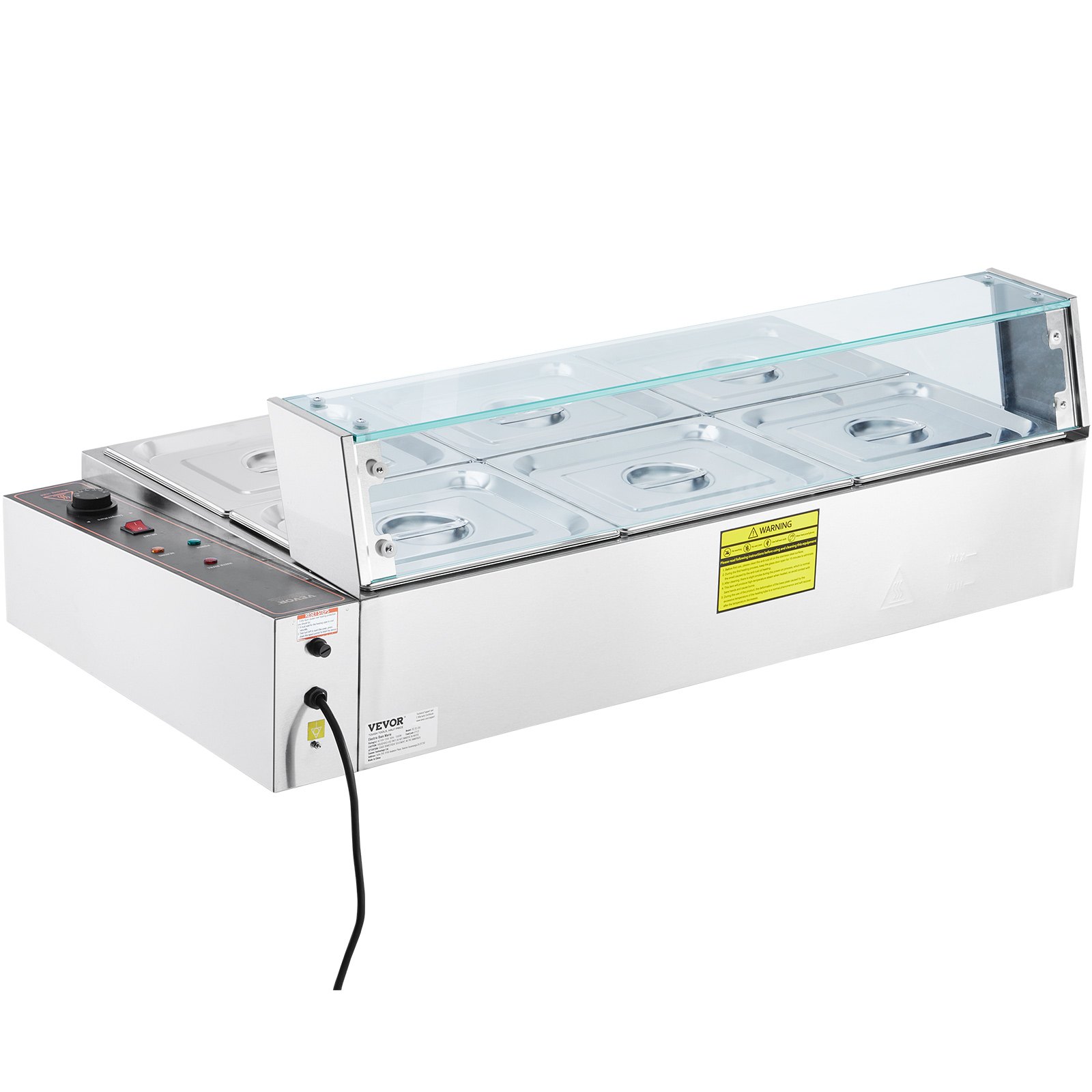 VEVOR Scaldavivande Commerciale a 6 Vaschette, Tavolo Elettrico a Vapore 6 x 7,57 L con Coperchio in Vetro, Bagnomaria Buffet in Acciaio Inox 1500 W, Controllo Temperatura 30-85°C Ristoranti, Argento