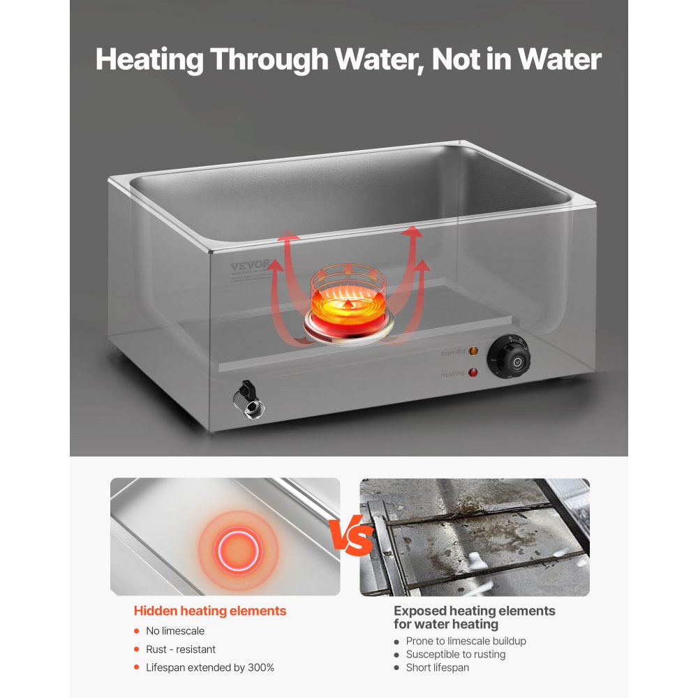 VEVOR Scaldavivande Commerciale da Banco Scaldavivande Elettrico a Vapore con 5 Contenitori (Dimensioni 1/2 1/6) 1200 W in Acciaio Inox Temperatura tra 30 e 80 °C per Catering, Buffet Feste