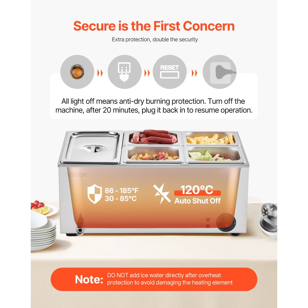 VEVOR Scaldavivande Commerciale da Banco Scaldavivande Elettrico a Vapore con 5 Contenitori (Dimensioni 1/2 1/6) 1200 W in Acciaio Inox Temperatura tra 30 e 80 °C per Catering, Buffet Feste
