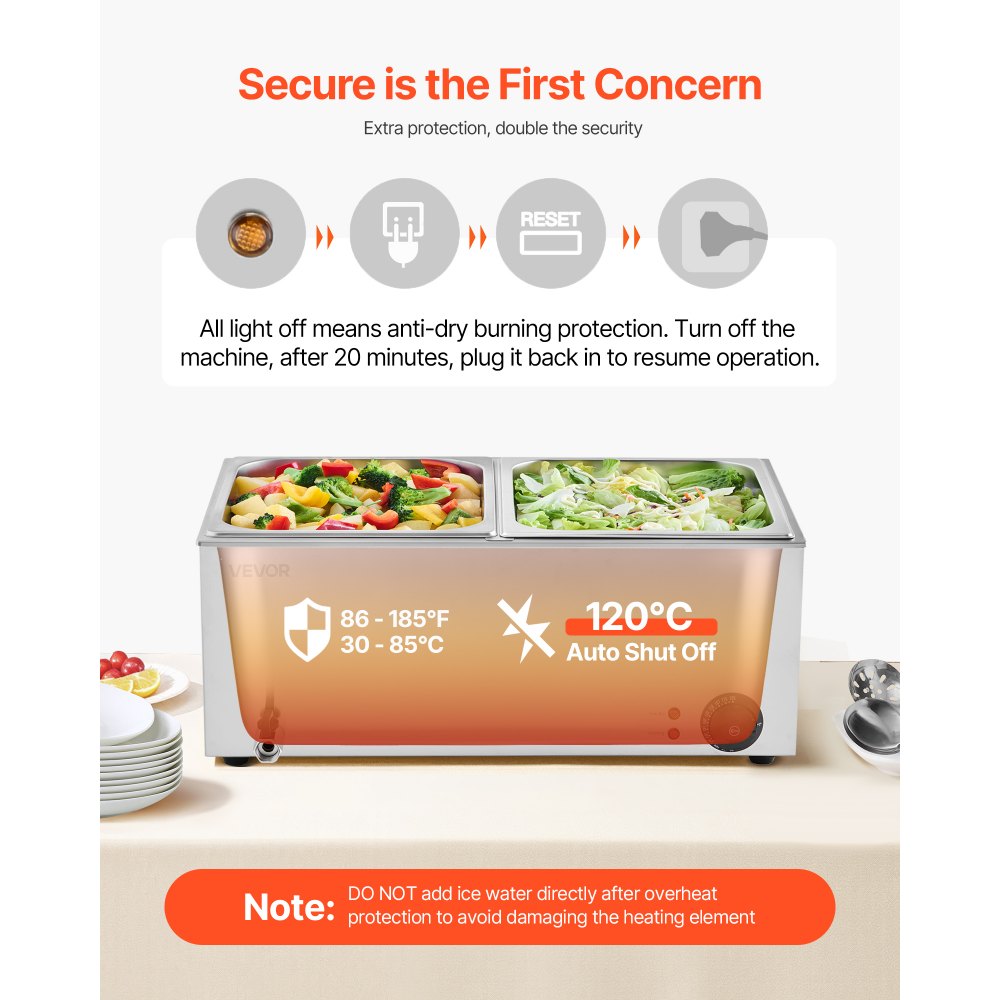VEVOR Scaldavivande Commerciale da Banco Scaldavivande Elettrico a Vapore con 2 Contenitori (1/2 Dimensione) 1200 W in Acciaio Inox Temperatura tra 30 e 80 °C per Catering, Buffet Feste
