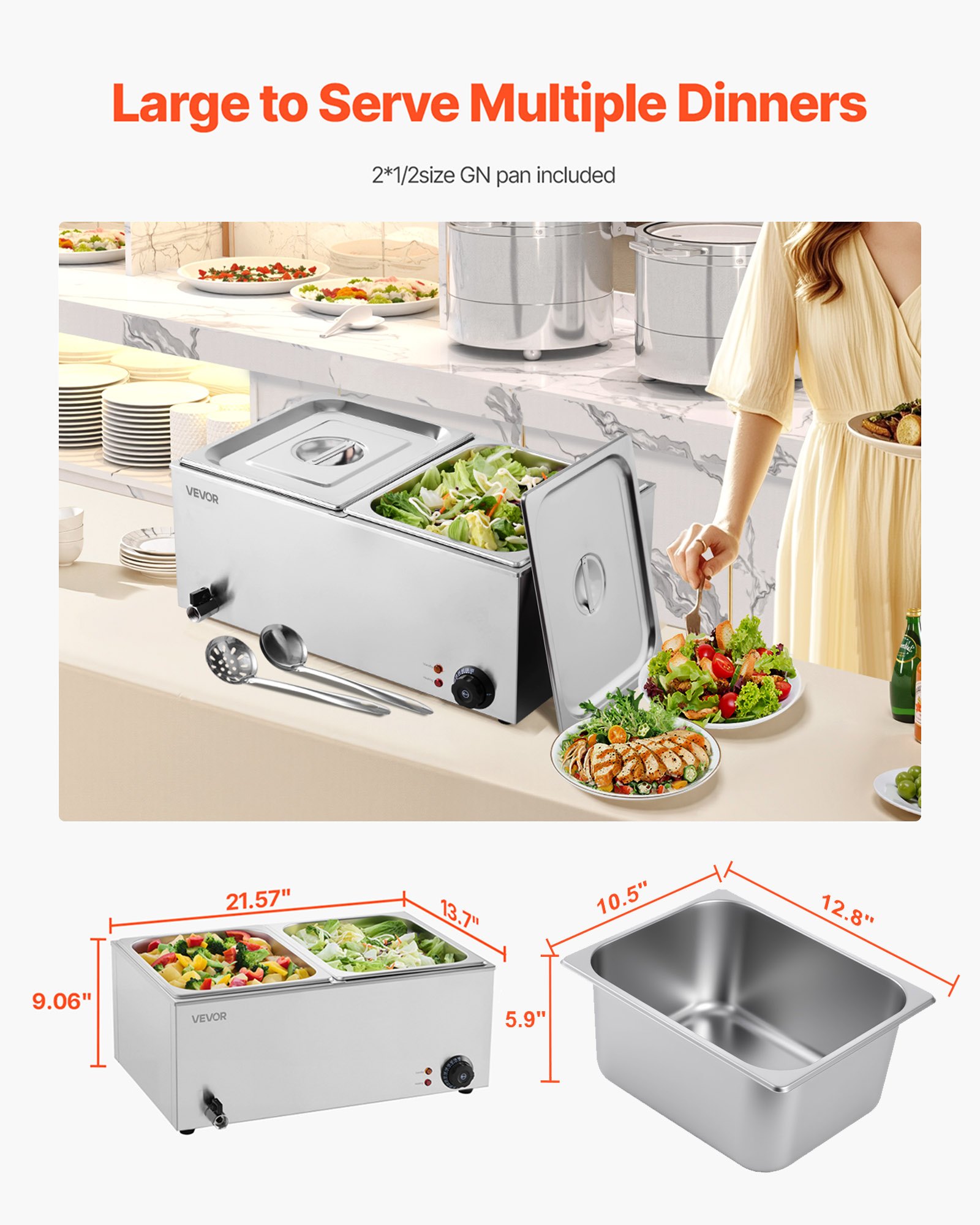 VEVOR Commercial Food Warmer, 2-Pan Electric Steam Table, 1200W Professional Countertop Stainless Steel Buffet Bain Marie with 30-85°C Temp Control for Catering, Buffet, Parties, Restaurants