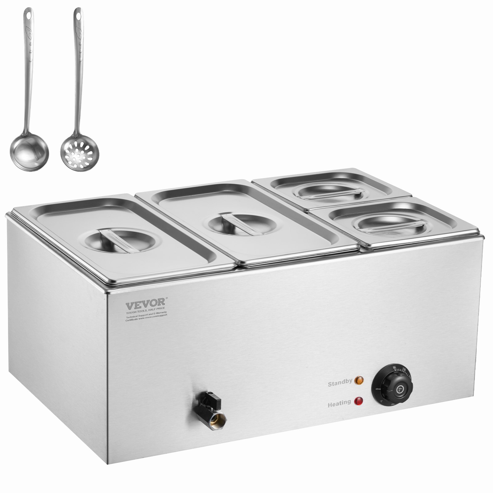 VEVOR Scaldavivande Commerciale a 4 Vaschette, Tavolo a Vapore Elettrico da 15,5 L, Piroscafo a Vapore da Banco in Acciaio Inox 1200 W con Controllo della Temperatura da 30-85°C per Catering, Argento