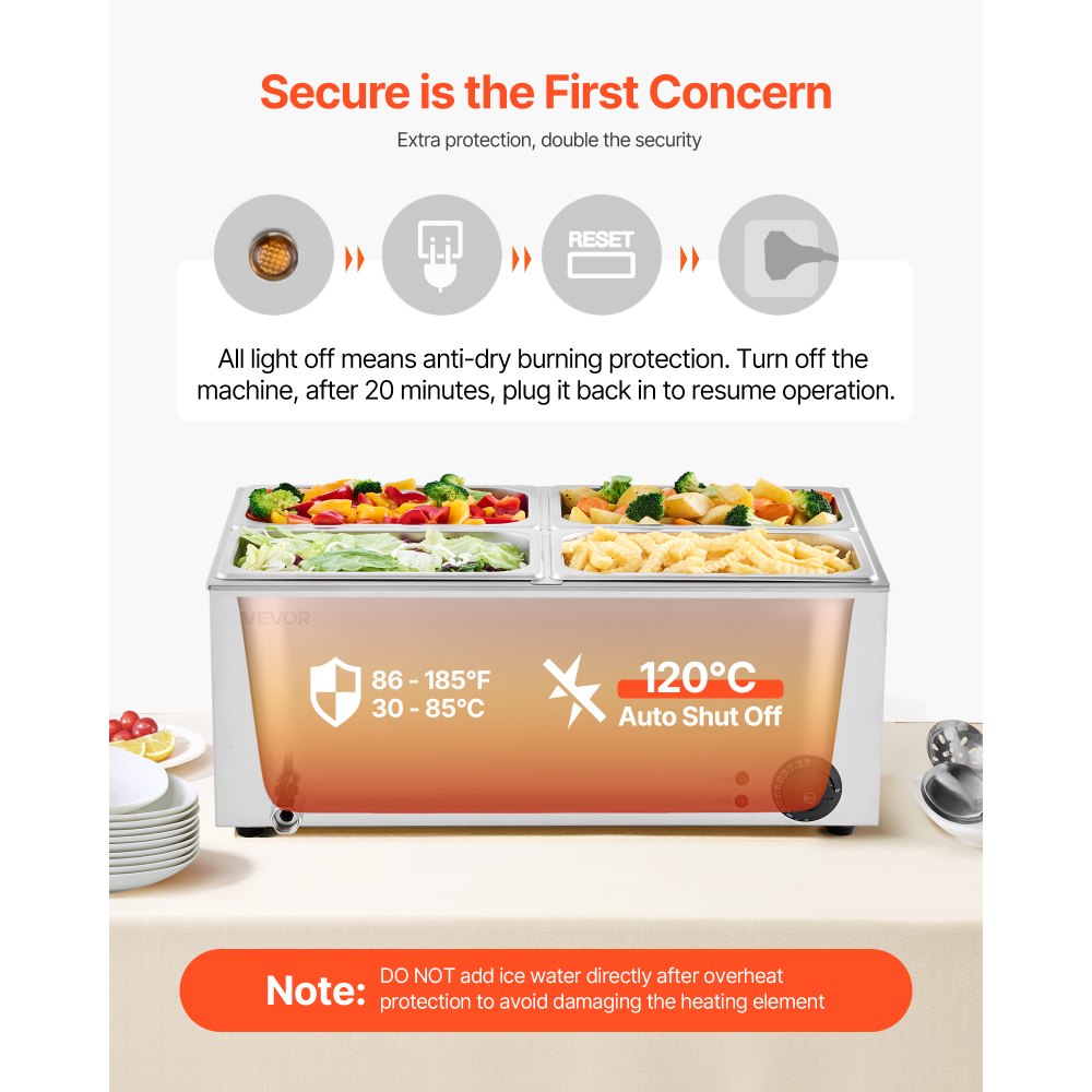 VEVOR Scaldavivande Commerciale da Banco Scaldavivande Elettrico a Vapore con 4 Contenitori (1/4 Dimensione) 1200 W in Acciaio Inox Temperatura tra 30 e 80 °C per Catering, Buffet Feste