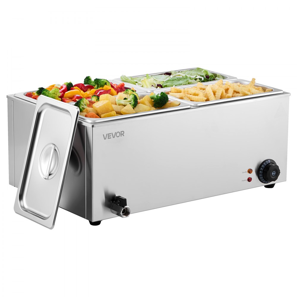 VEVOR Scaldavivande Commerciale da Banco Scaldavivande Elettrico a Vapore con 4 Contenitori (1/4 Dimensione) 1200 W in Acciaio Inox Temperatura tra 30 e 80 °C per Catering, Buffet Feste