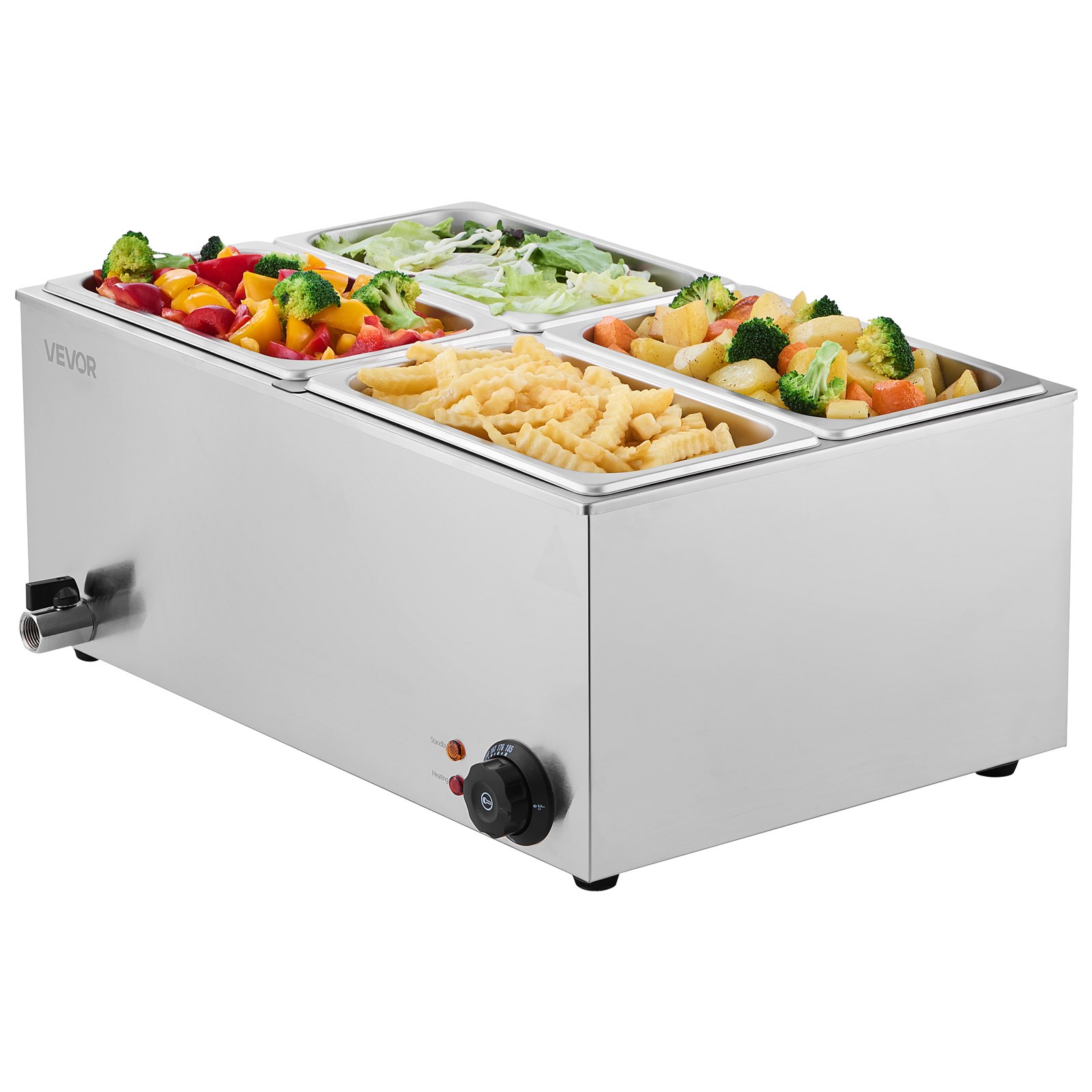 VEVOR Scaldavivande Commerciale da Banco Scaldavivande Elettrico a Vapore con 4 Contenitori (1/4 Dimensione) 1200 W in Acciaio Inox Temperatura tra 30 e 80 °C per Catering, Buffet Feste