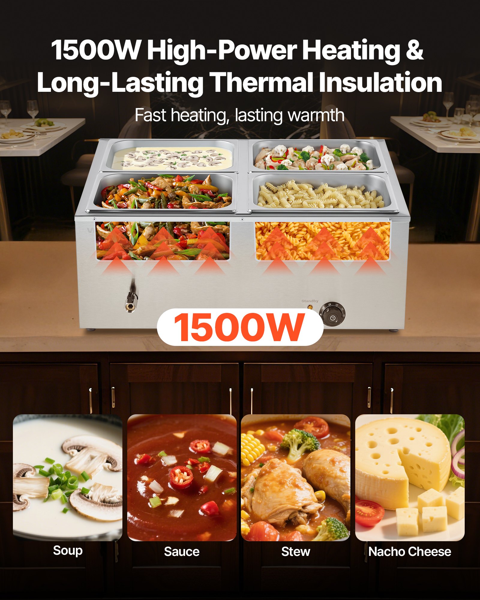 VEVOR Scaldavivande Elettrico Commerciale, in Acciaio Inox da 1500 W con Coperchio, Bagnomaria da Banco a 4 Teglie con Riscaldamento Rapido e Mestoli Forati, per Catering, Ristoranti, Feste