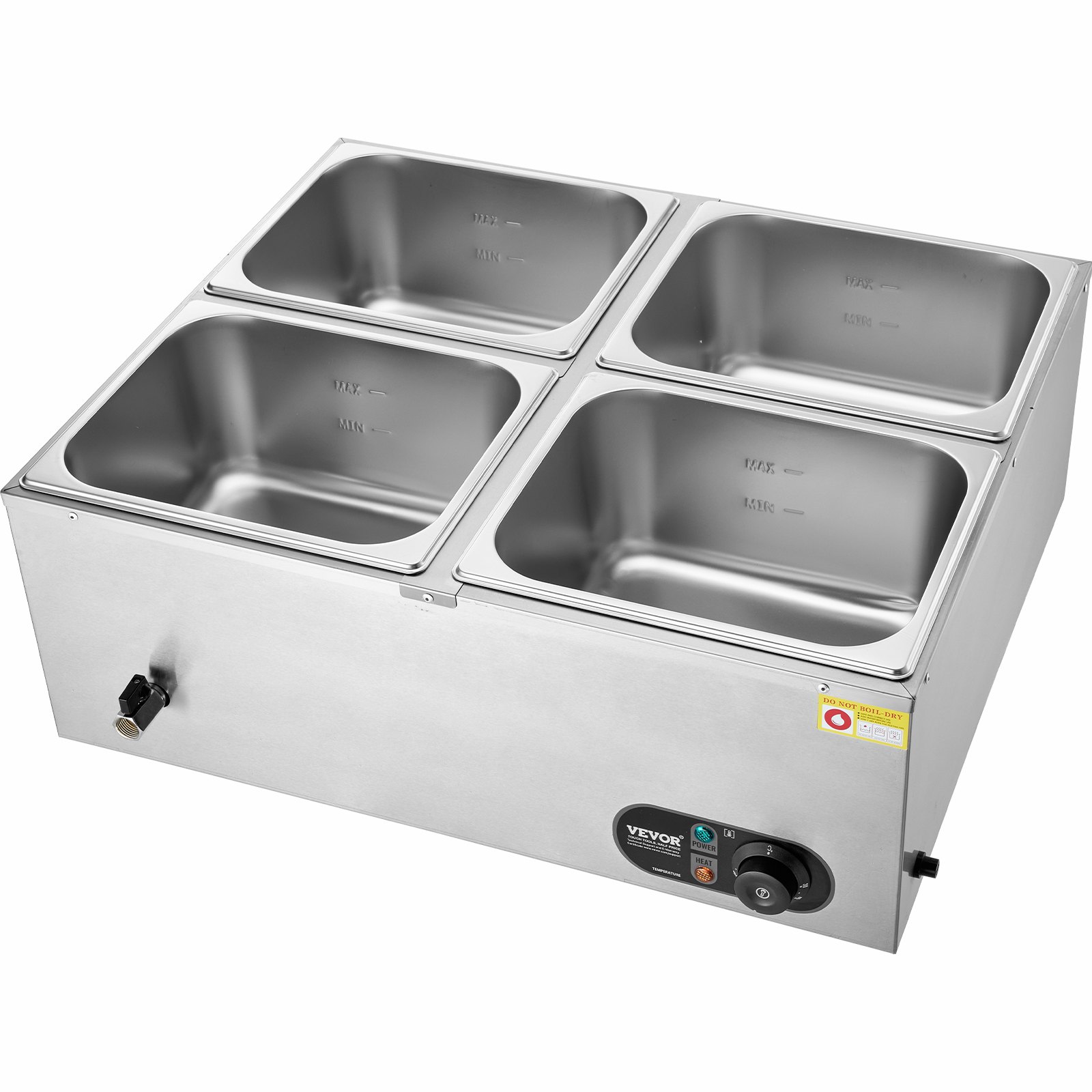 VEVOR Scaldavivande Commerciale con Contenitore 4 x 8,8 L Scaldavivande Elettrico da Tavolo a Vapore in Acciaio Inox da 1500 W per Piano di Lavoro con Controllo della Temperatura da 30-85 °C Argento