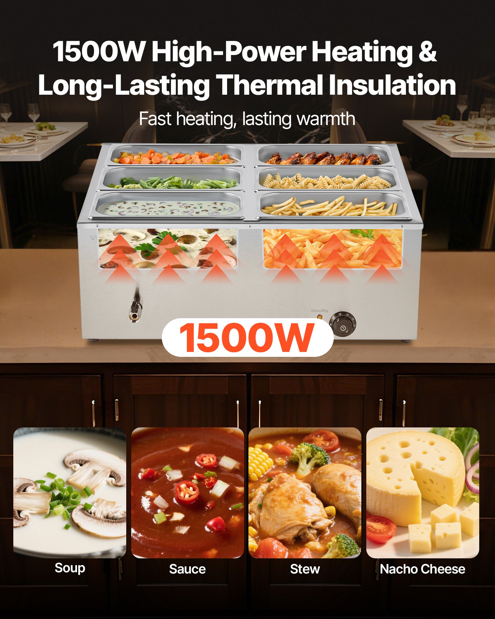 VEVOR Scaldavivande Commerciale, Scaldavivande Elettrico in Acciaio Inox da 1500 W con Coperchio, Bagnomaria da Banco a 6 Teglie con Riscaldamento Rapido e Mestoli Forati, per Ristoranti, Feste