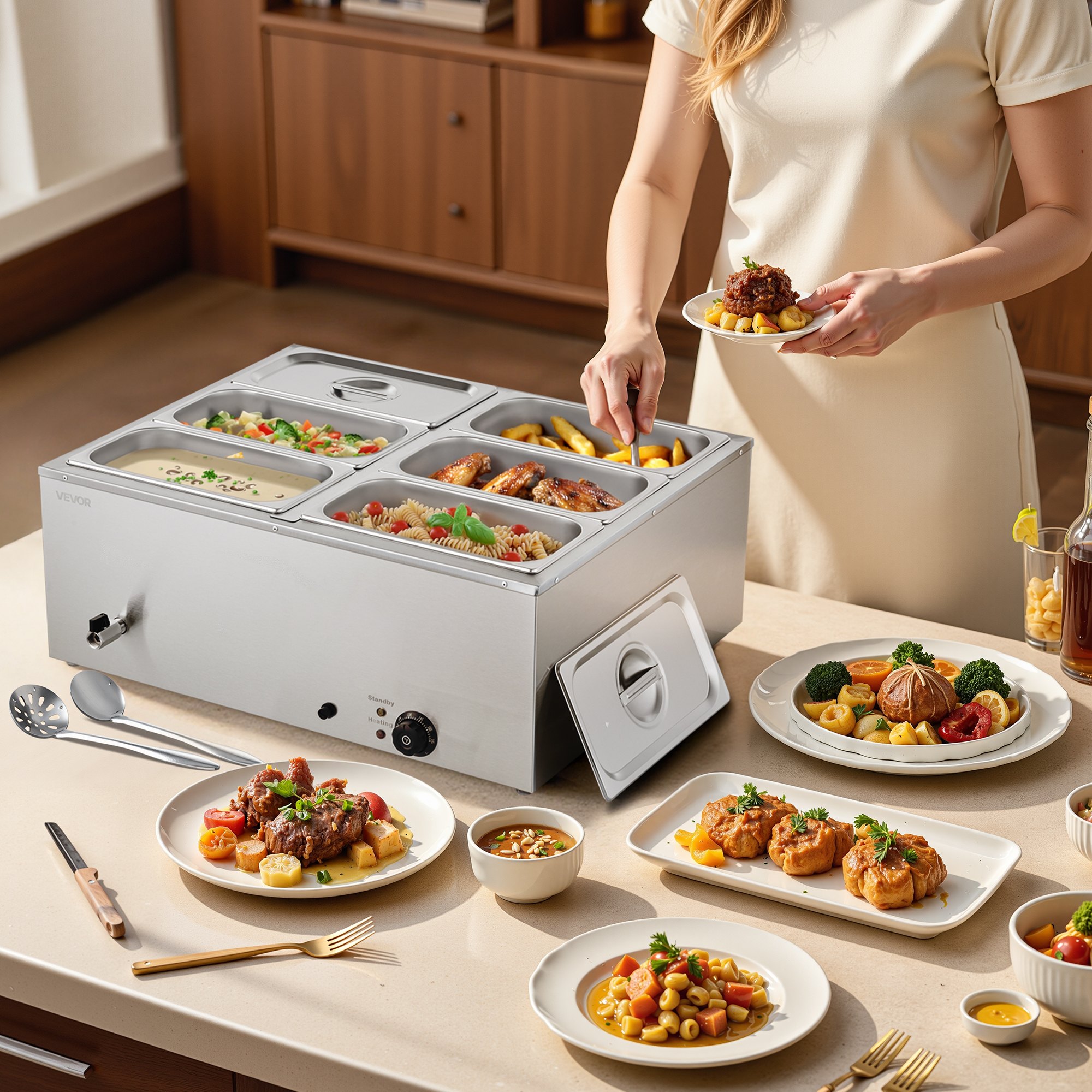 VEVOR Scaldavivande Commerciale, Scaldavivande Elettrico in Acciaio Inox da 1500 W con Coperchio, Bagnomaria da Banco a 6 Teglie con Riscaldamento Rapido e Mestoli Forati, per Ristoranti, Feste