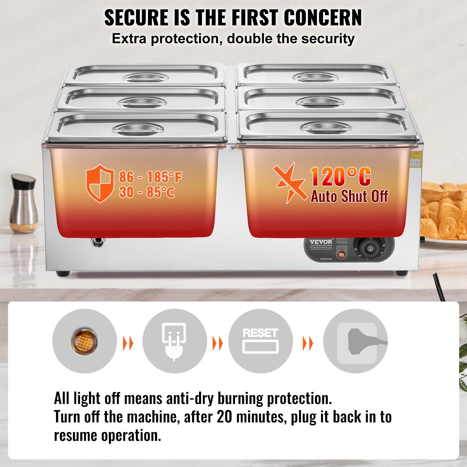 VEVOR Scaldavivande Commerciale 6 x 5,5 L (dimensione 1/3) Scaldavivande Elettrico da Tavolo a Vapore in Acciaio Inox da 1500 W Piastra Riscaldante Elettrica, Controllo della Temperatura da 30-85 °C