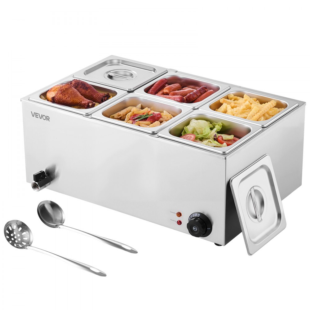 VEVOR Scaldavivande Commerciale da Banco Scaldavivande Elettrico a Vapore con 6 Contenitori (Dimensione 1/6) 1200 W in Acciaio Inox Temperatura tra 30 e 80 °C per Catering, Buffet Feste